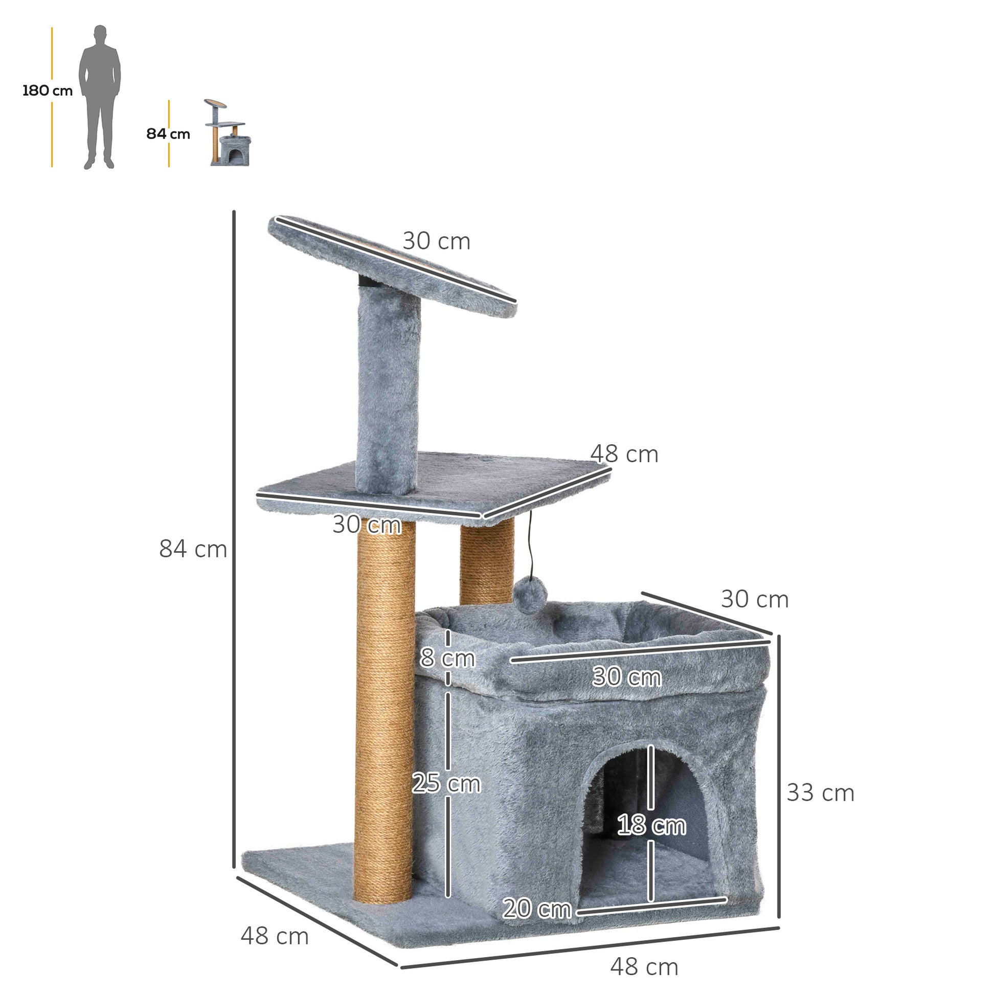 Cat Scratching Tree with Jute Rope Posts, House, and Cushion, Plush Covering, Height 84cm, Gray