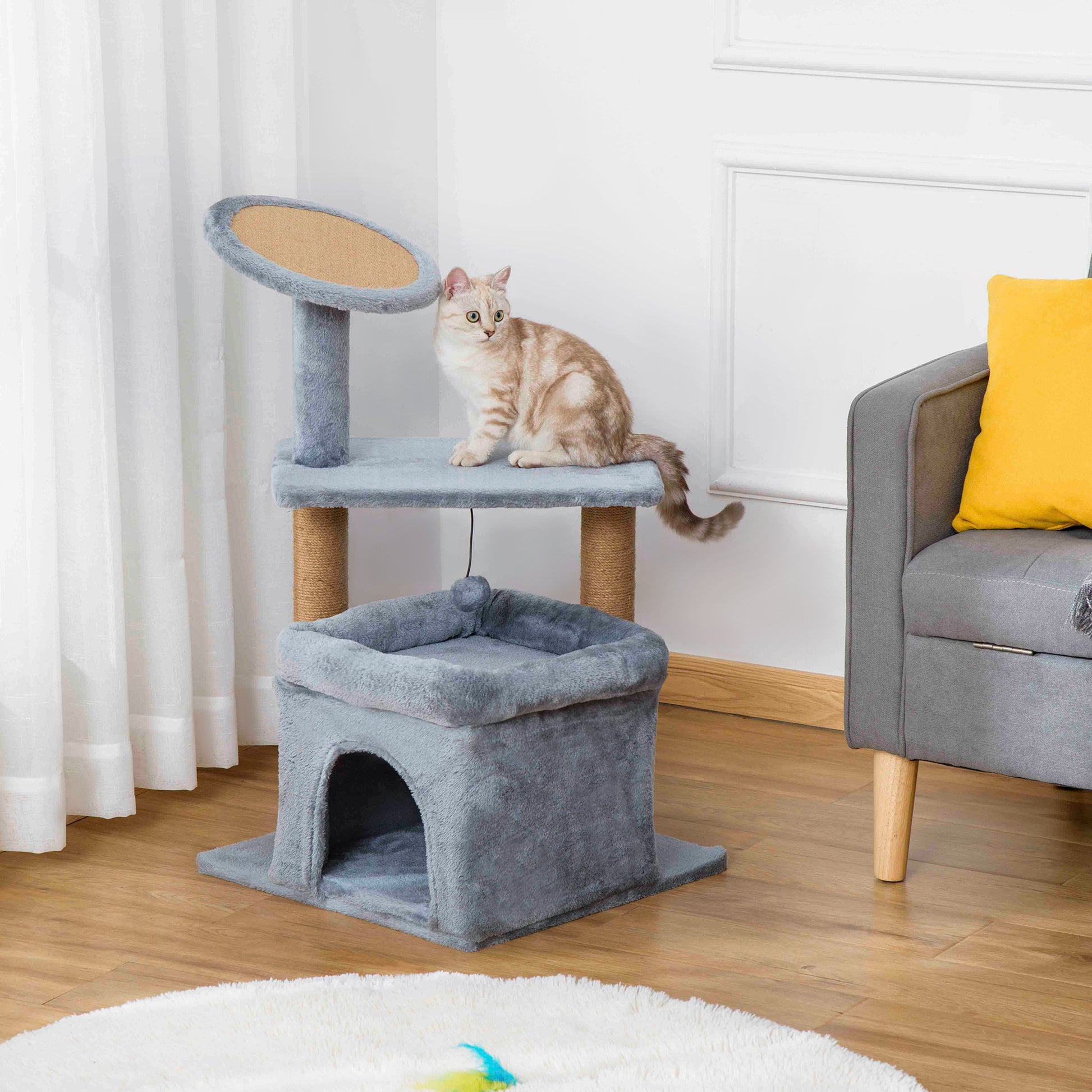 Cat Scratching Tree with Jute Rope Posts, House, and Cushion, Plush Covering, Height 84cm, Gray