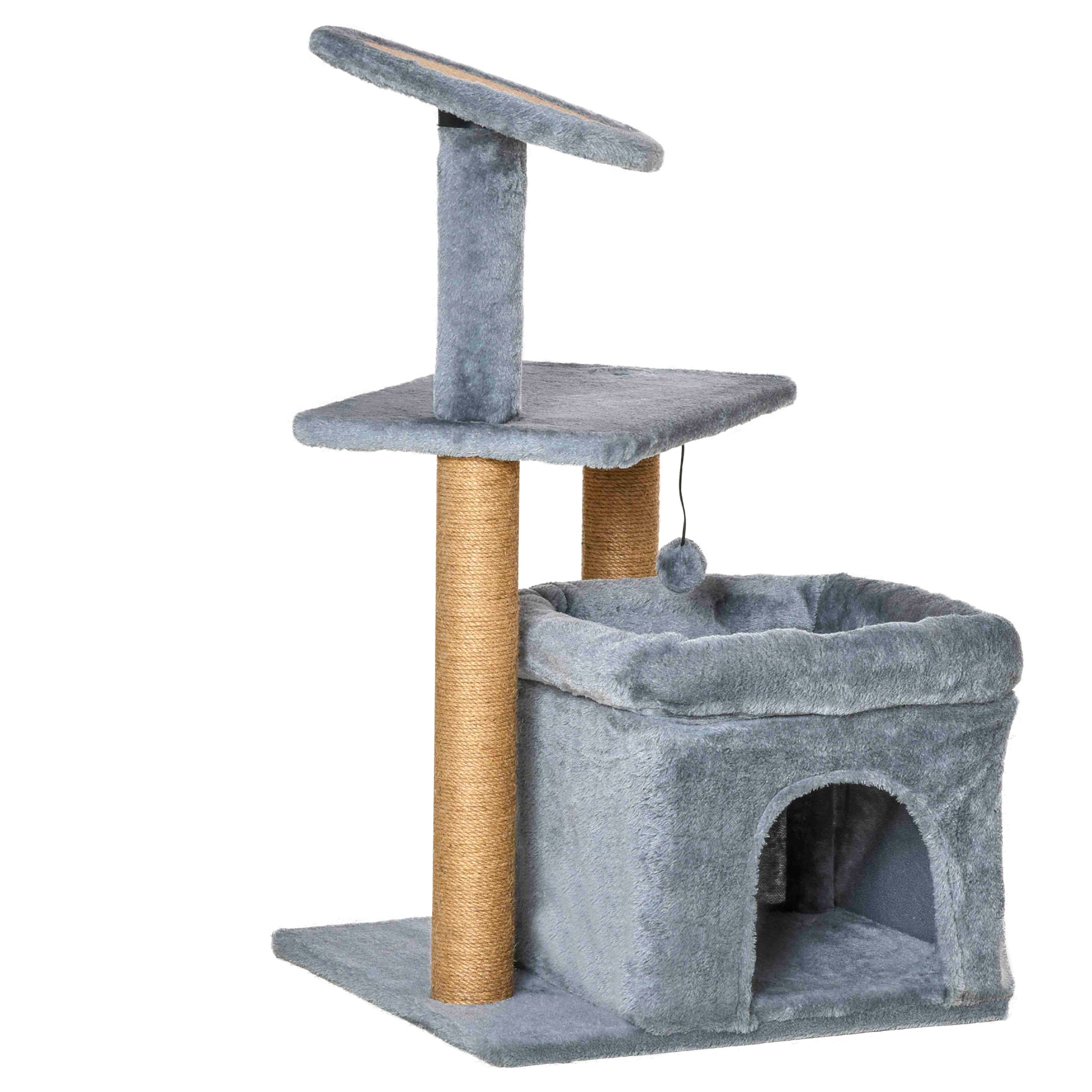 Cat Scratching Tree with Jute Rope Posts, House, and Cushion, Plush Covering, Height 84cm, Gray
