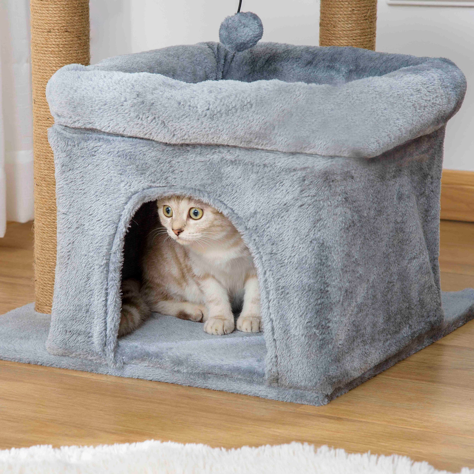 Cat Scratching Tree with Jute Rope Posts, House, and Cushion, Plush Covering, Height 84cm, Gray