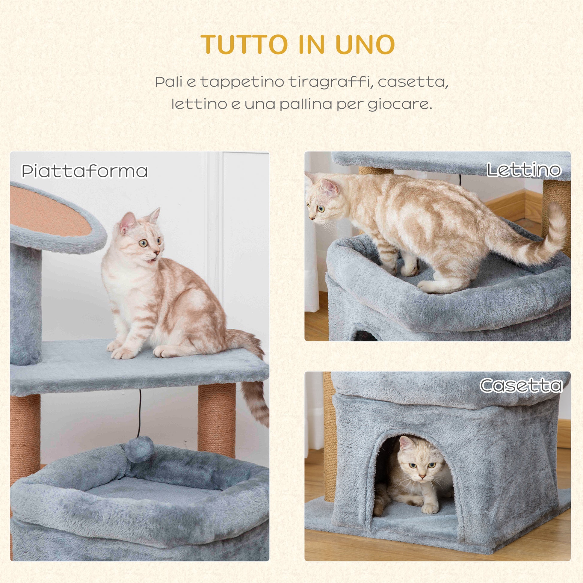 Cat Scratching Tree with Jute Rope Posts, House, and Cushion, Plush Covering, Height 84cm, Gray