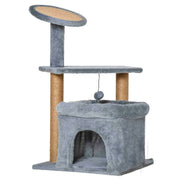 Cat Scratching Tree with Jute Rope Posts, House, and Cushion, Plush Covering, Height 84cm, Gray