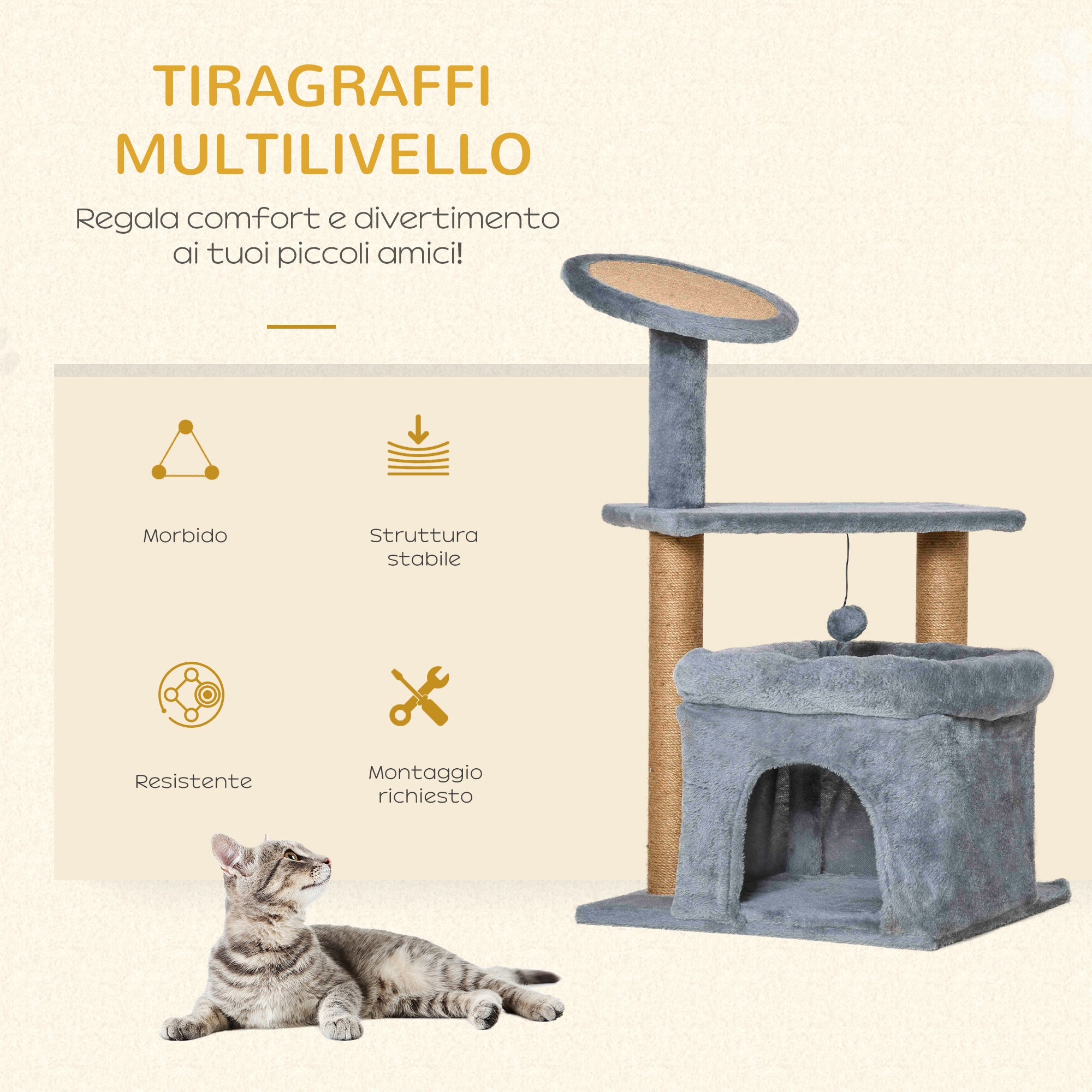 Cat Scratching Tree with Jute Rope Posts, House, and Cushion, Plush Covering, Height 84cm, Gray