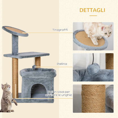 Cat Scratching Tree with Jute Rope Posts, House, and Cushion, Plush Covering, Height 84cm, Gray