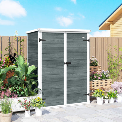 Outdoor Garden Shed, 0.81 m² (8.7 sq ft) — 134 x 68.5 x 170 cm (52.8" x 27.0" x 66.9"), Plastic Shed with Integrated Floor, 2 Folding Shelves, Double Doors with Lock, Gray Wood Effect
