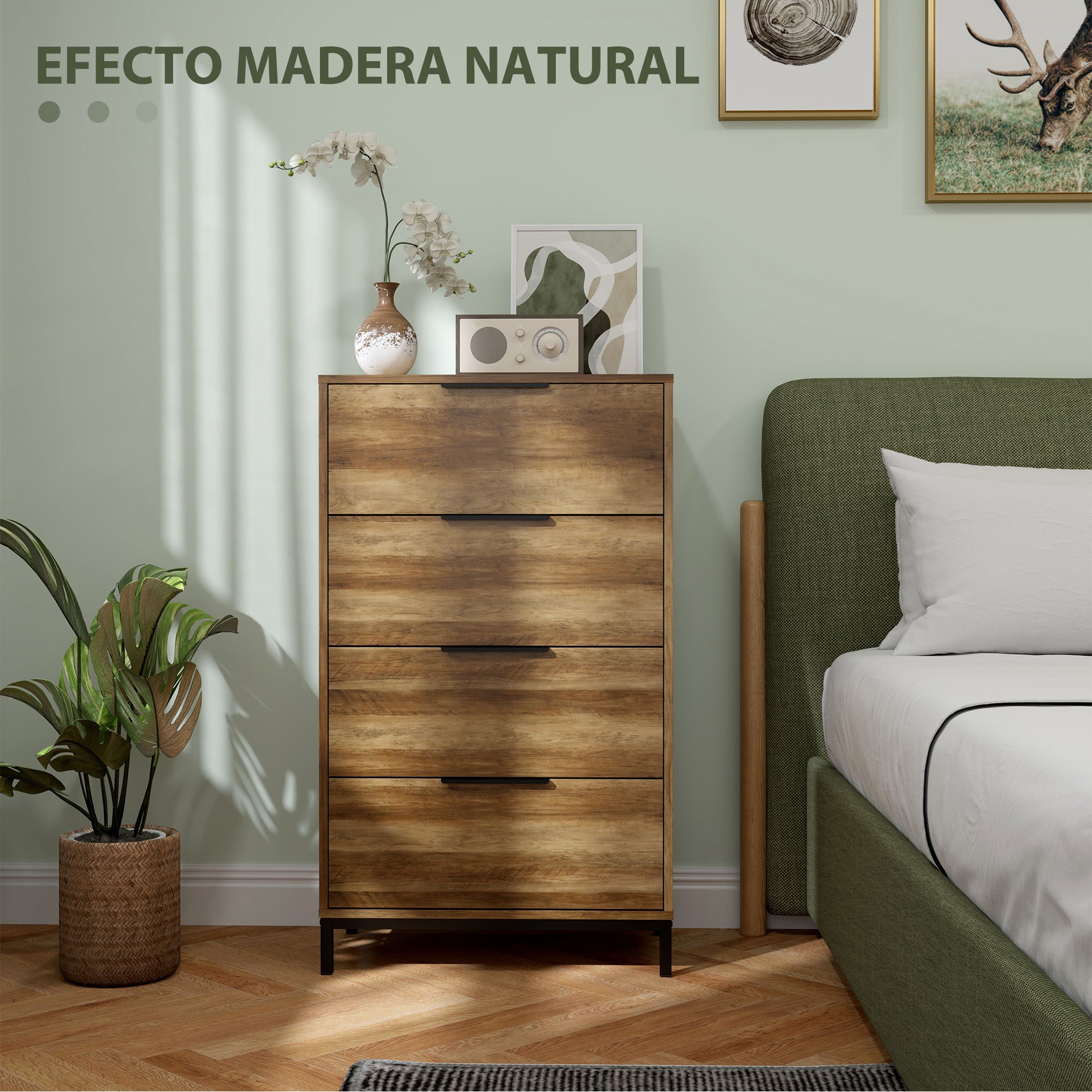 4-Drawer Chest High Chest of Drawers with Metal Handles Narrow Dresser for Living Room Hallway 62x35x105 cm Natural