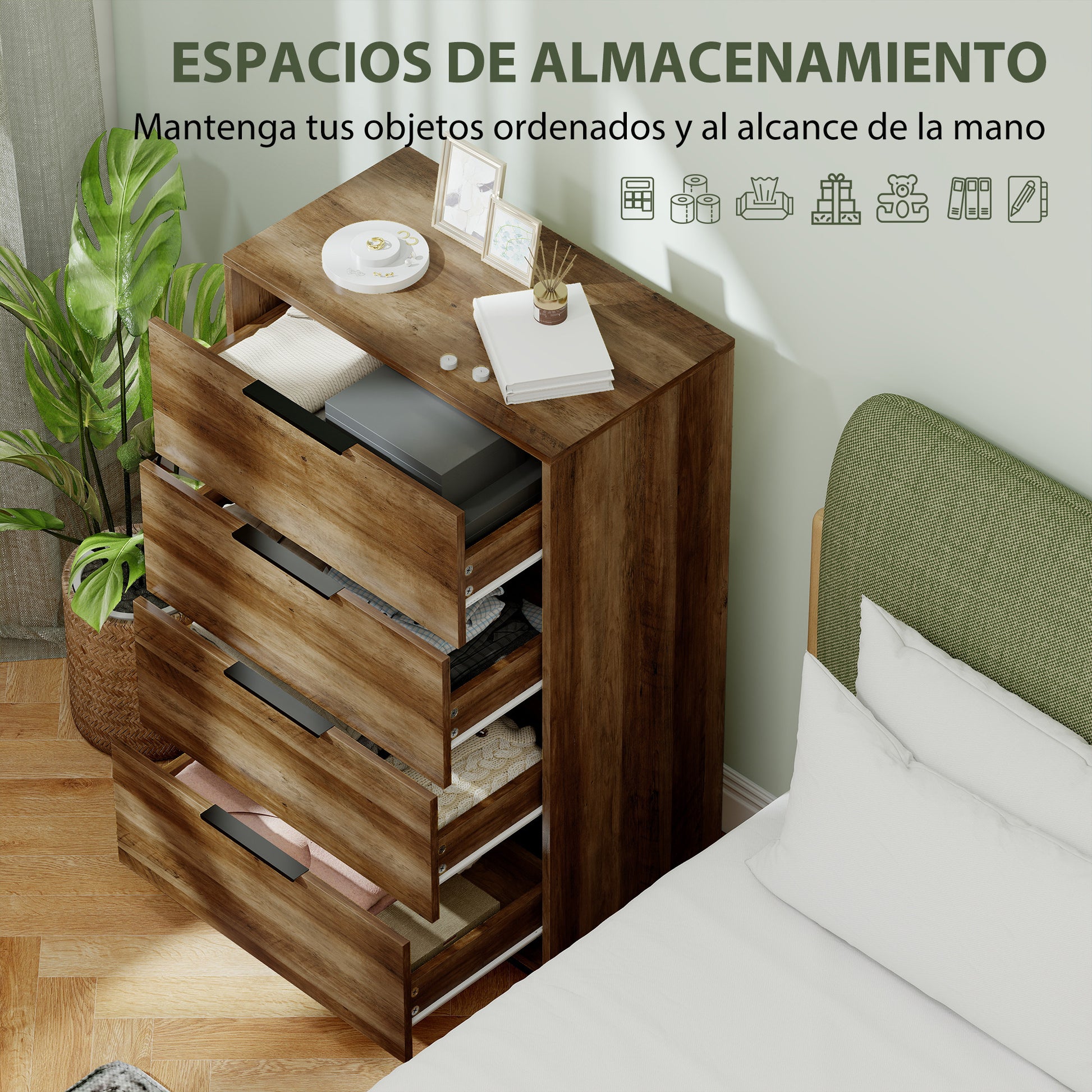 4-Drawer Chest High Chest of Drawers with Metal Handles Narrow Dresser for Living Room Hallway 62x35x105 cm Natural