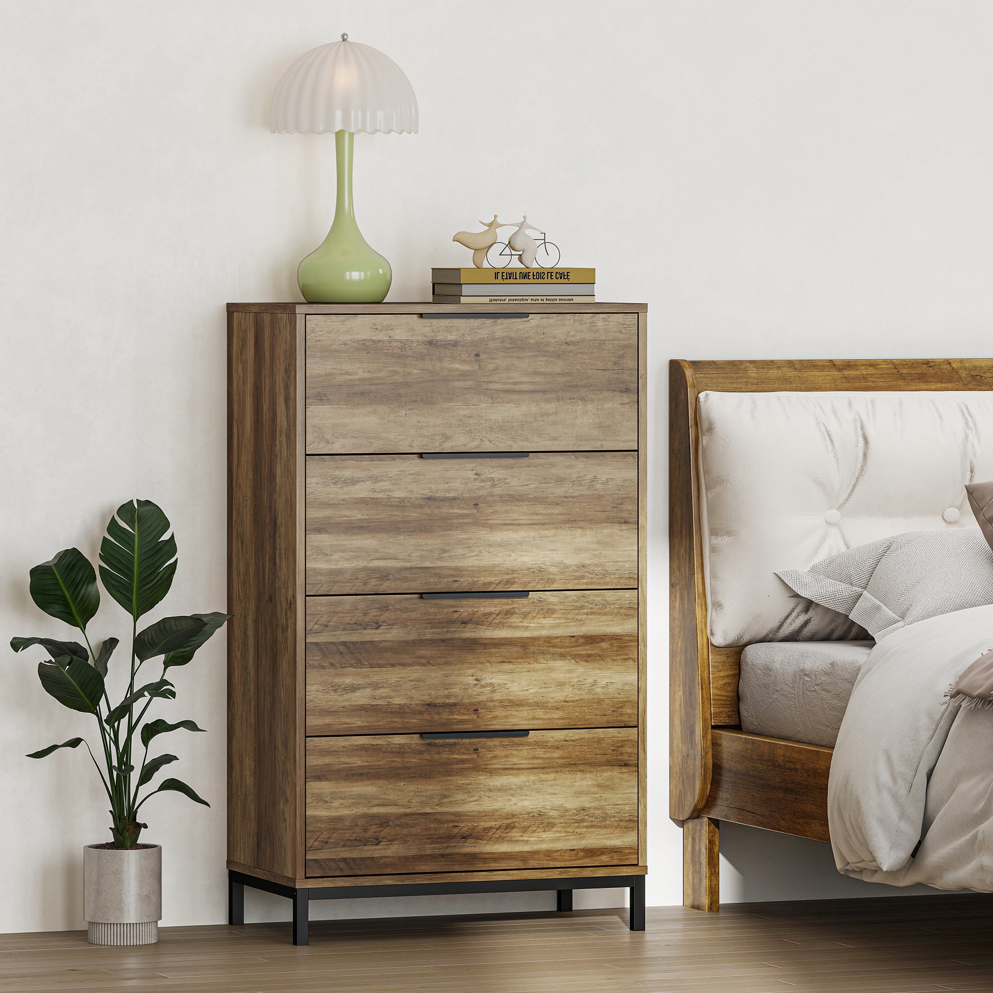 4-Drawer Chest High Chest of Drawers with Metal Handles Narrow Dresser for Living Room Hallway 62x35x105 cm Natural