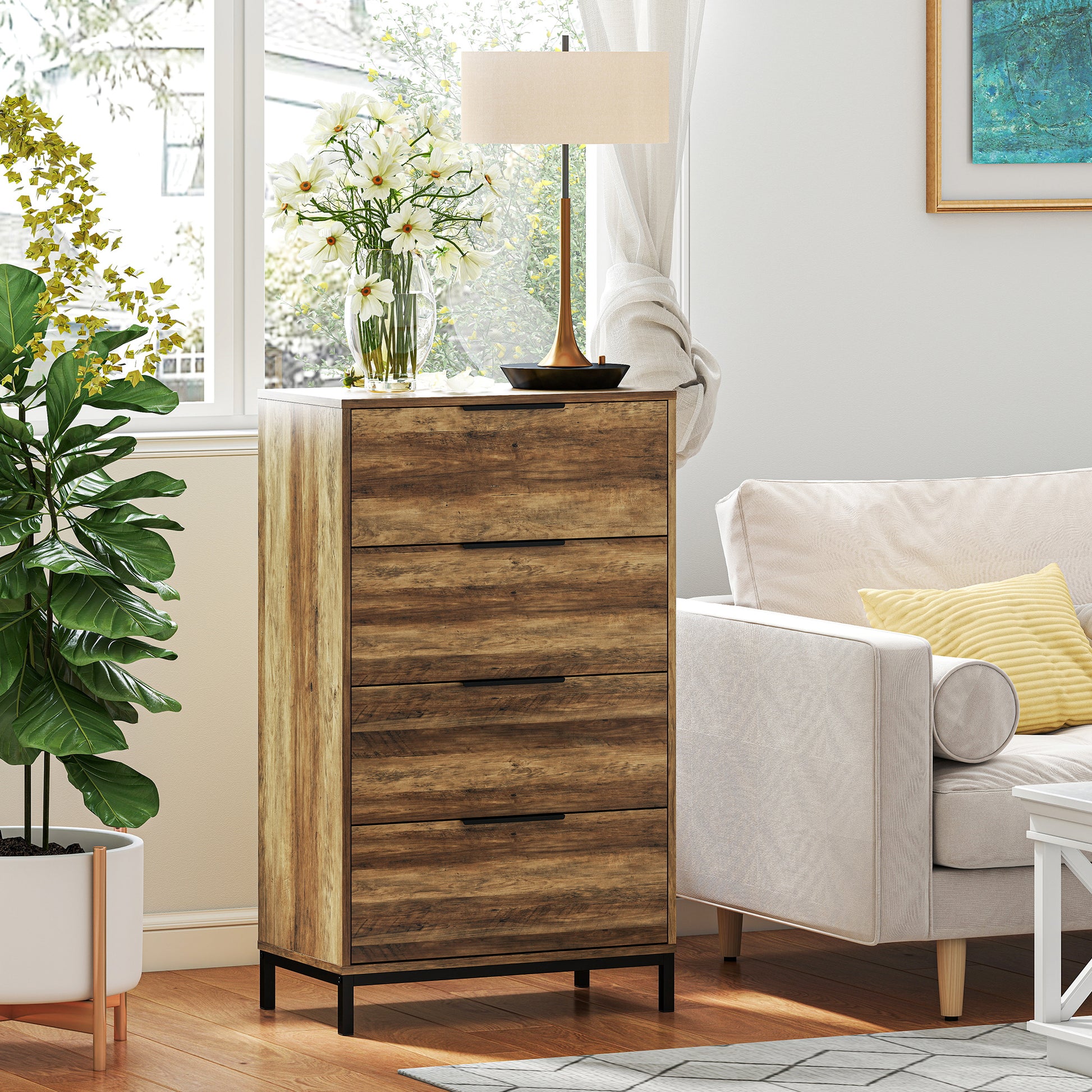 4-Drawer Chest High Chest of Drawers with Metal Handles Narrow Dresser for Living Room Hallway 62x35x105 cm Natural
