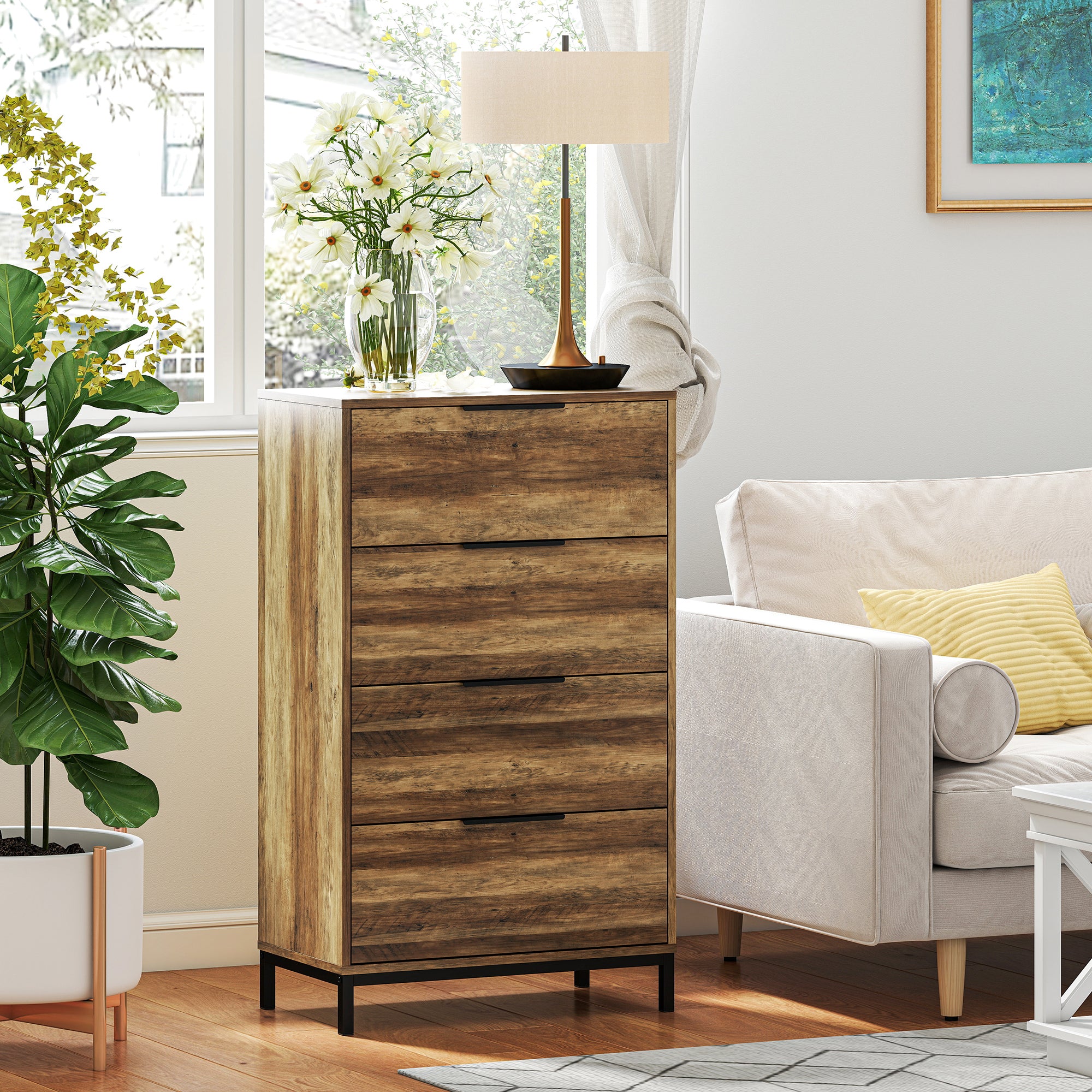 4-Drawer Chest High Chest of Drawers with Metal Handles Narrow Dresser for Living Room Hallway 62x35x105 cm Natural
