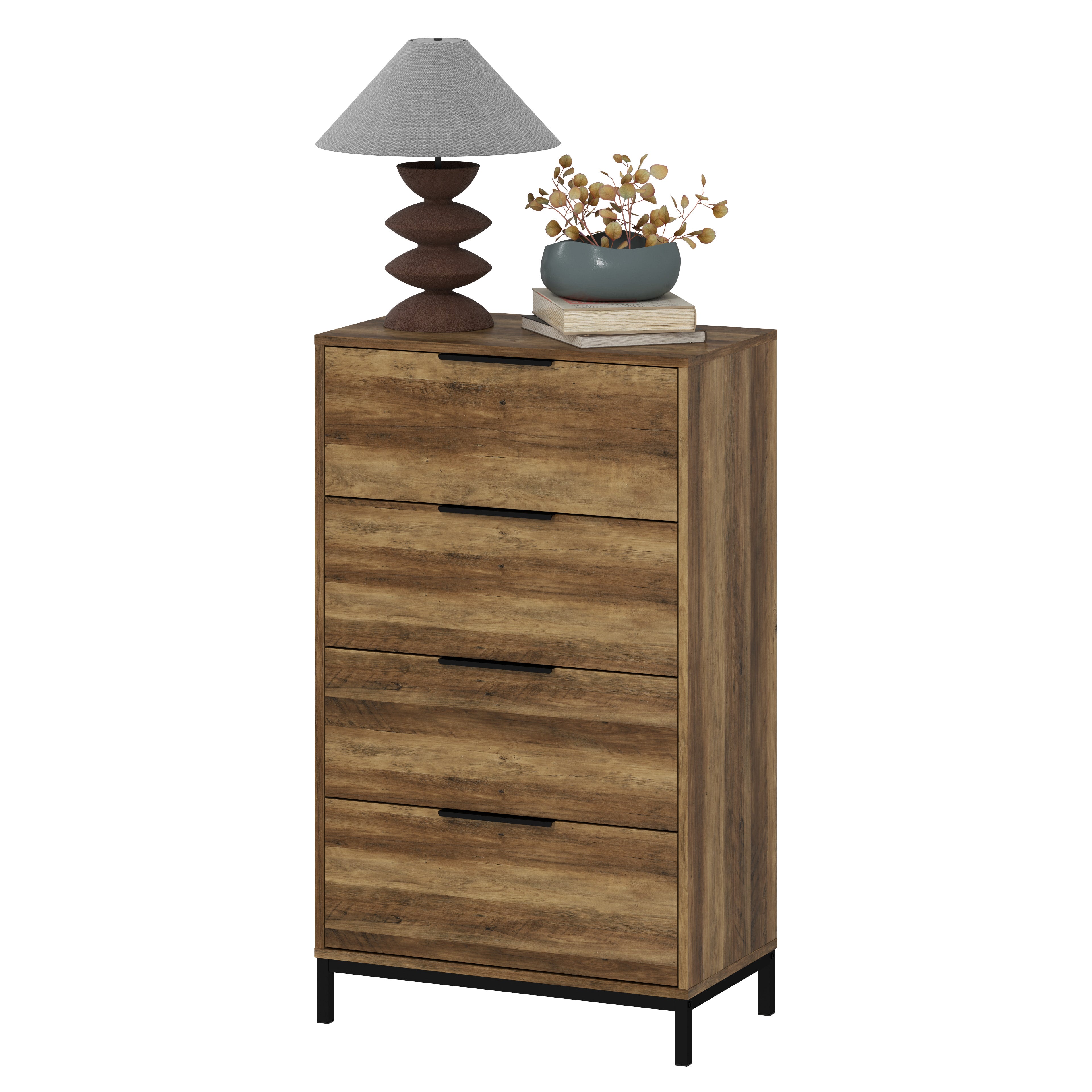 4-Drawer Chest High Chest of Drawers with Metal Handles Narrow Dresser for Living Room Hallway 62x35x105 cm Natural