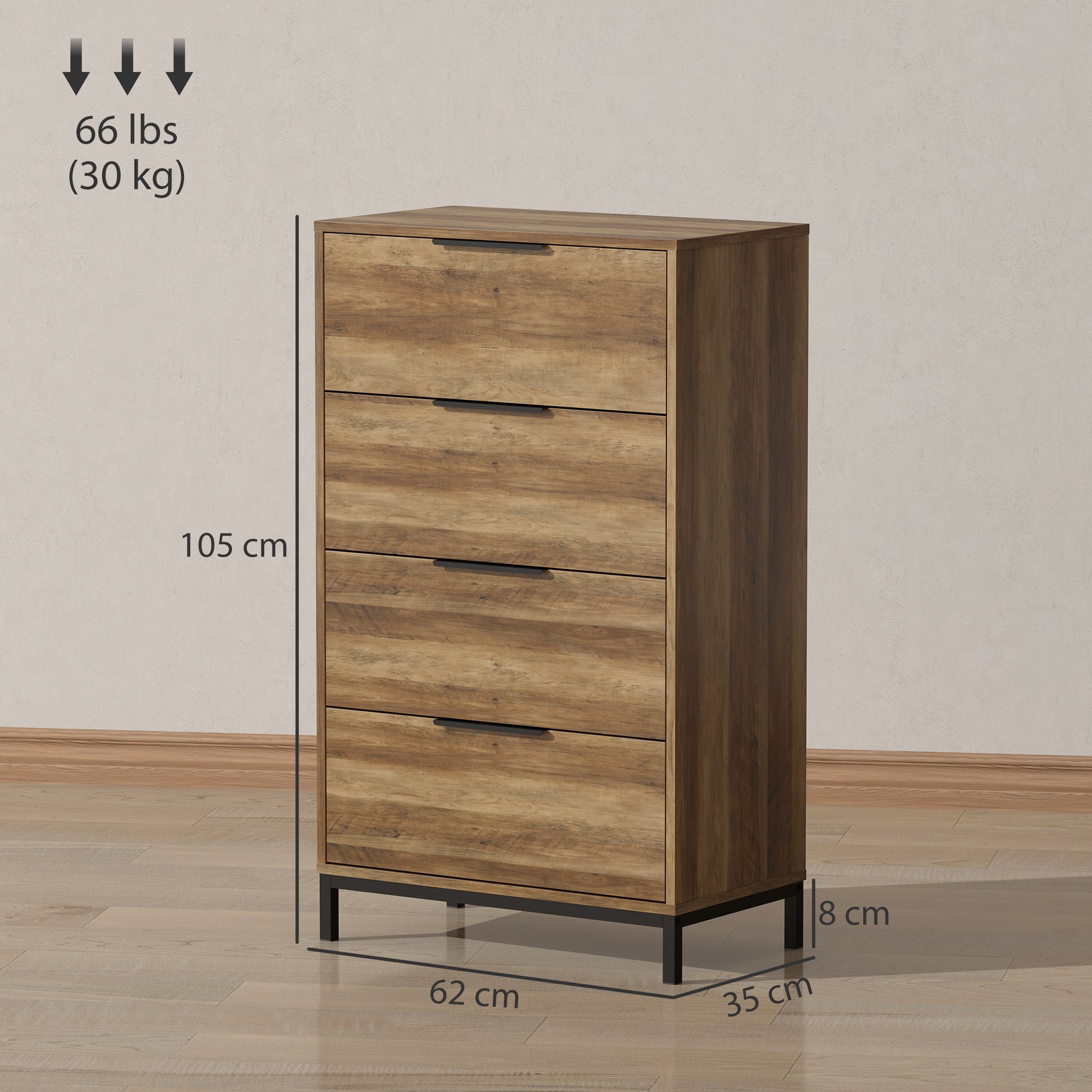 4-Drawer Chest High Chest of Drawers with Metal Handles Narrow Dresser for Living Room Hallway 62x35x105 cm Natural