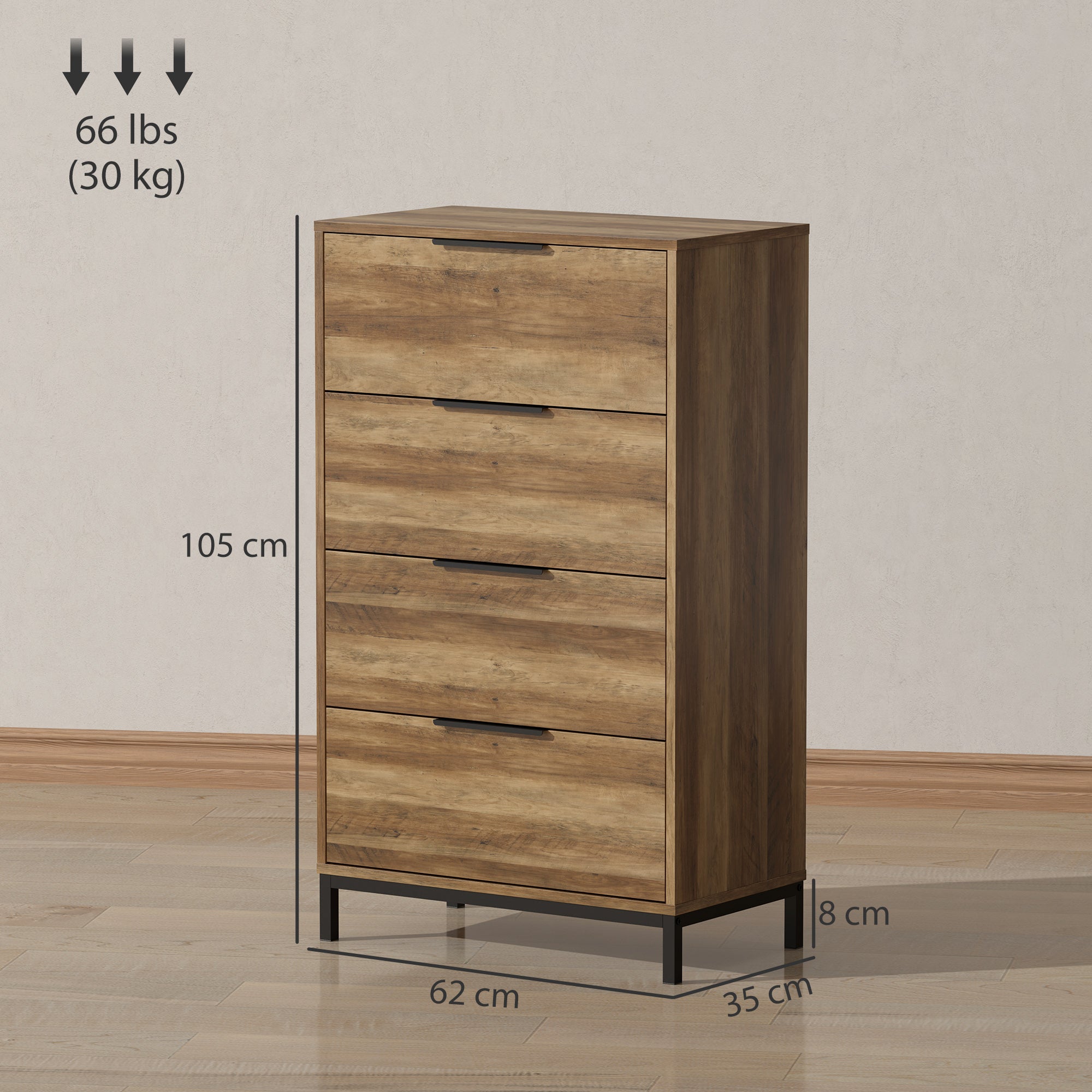 4-Drawer Chest High Chest of Drawers with Metal Handles Narrow Dresser for Living Room Hallway 62x35x105 cm Natural