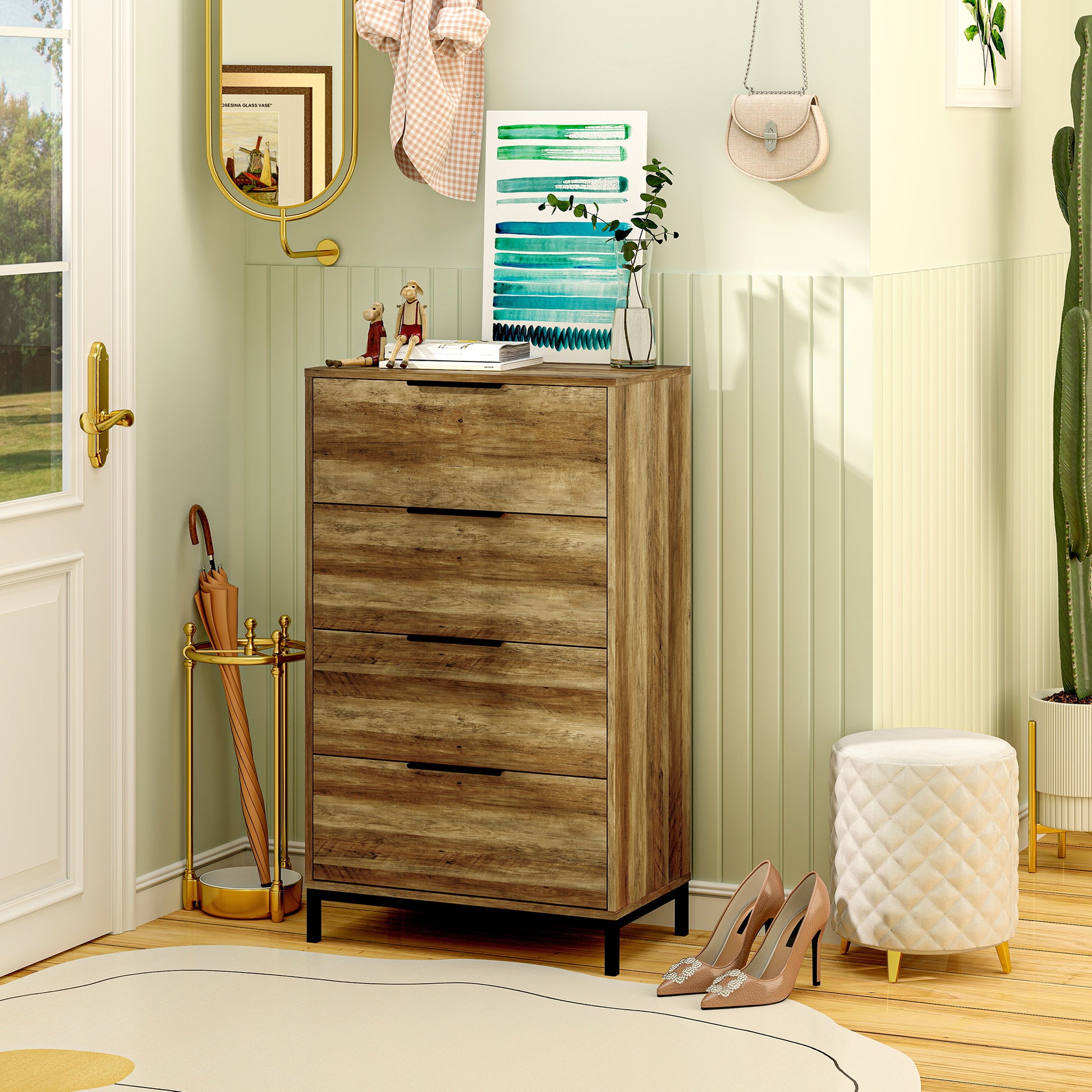 4-Drawer Chest High Chest of Drawers with Metal Handles Narrow Dresser for Living Room Hallway 62x35x105 cm Natural