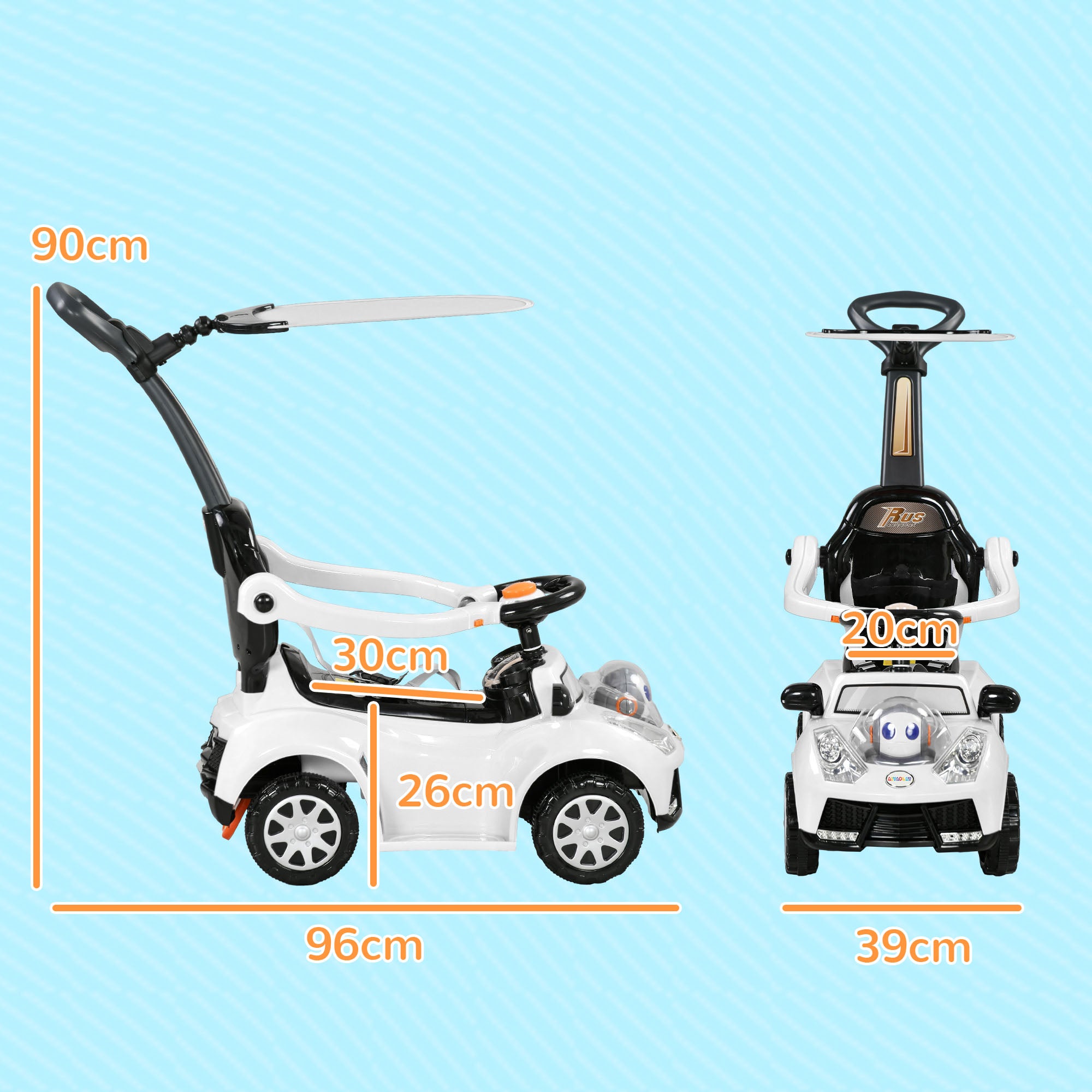 Slide Car Slider Children's Car Kid's Vehicle Push and Handlebar with Backrest Protective Bar, Walking aid for Children 12-36 Months White+Black