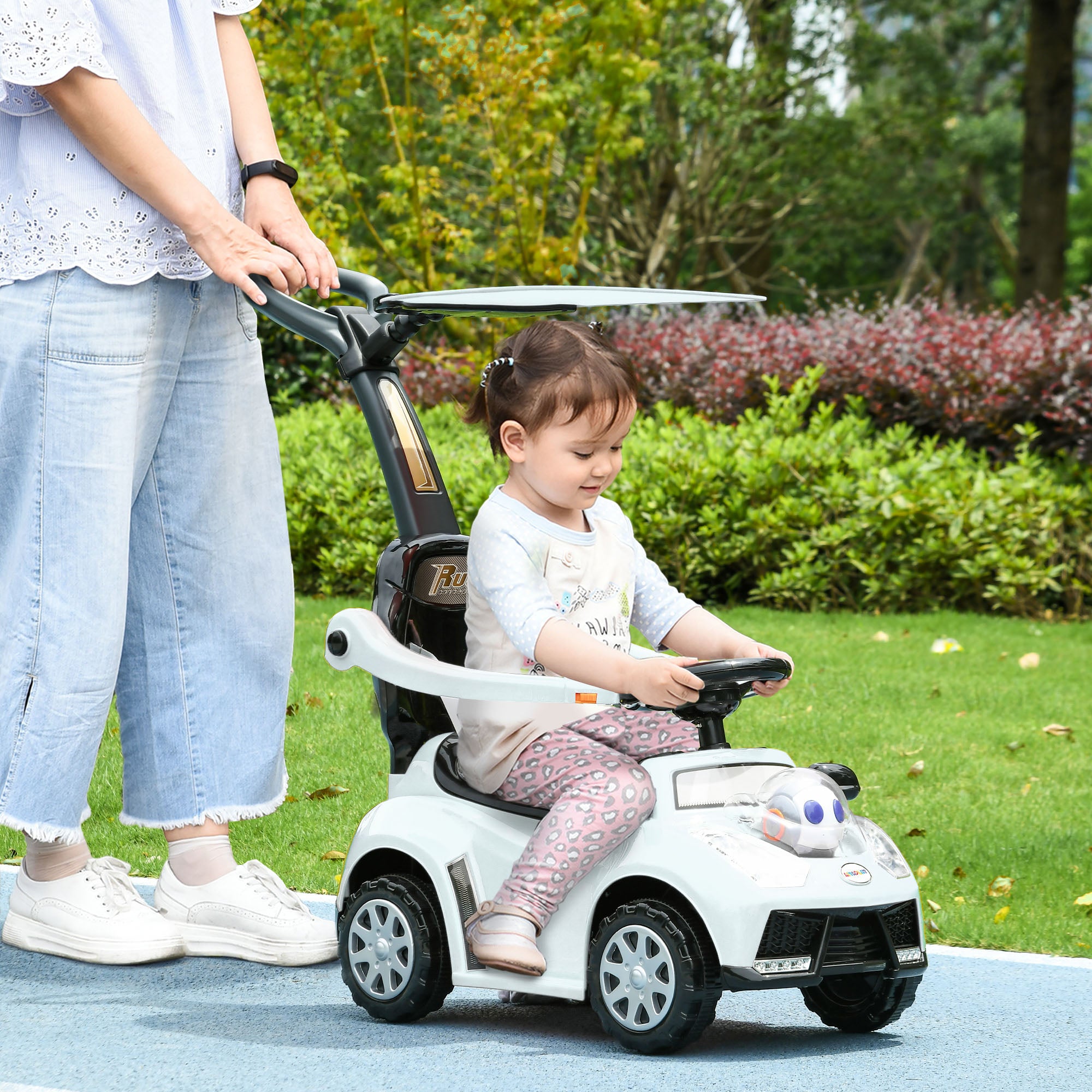 Slide Car Slider Children's Car Kid's Vehicle Push and Handlebar with Backrest Protective Bar, Walking aid for Children 12-36 Months White+Black