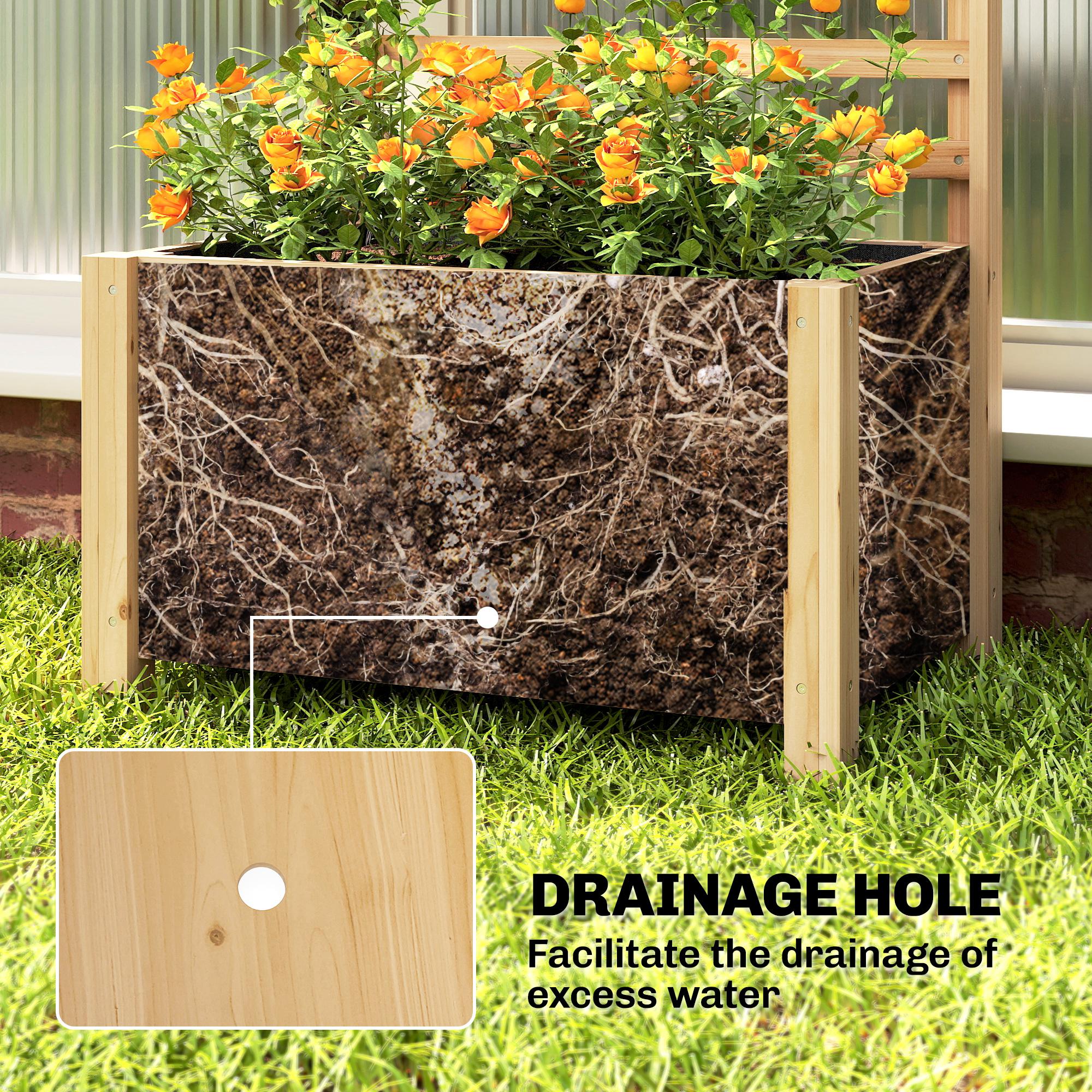 Raised Planter with Trellis — Natural Spruce Wood, Drainage Hole, Non-Woven Liner, 60 x 39 x 120 cm (23.6 x 15.4 x 47.2 in)