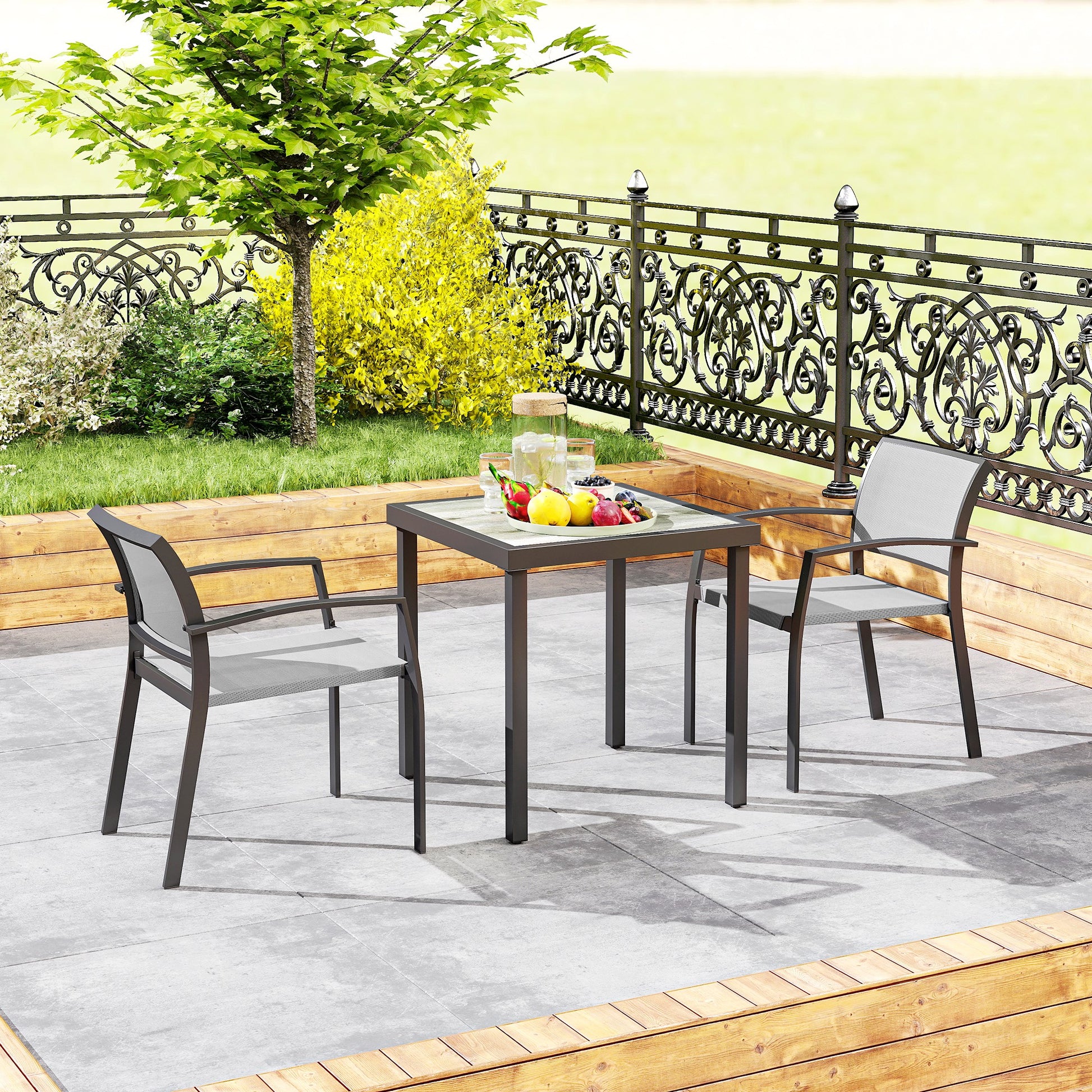 3 Piece Dining Group for 2 Persons Dining Table with 2 Stackable Chairs, Bistro Set Dining Room Set Kitchen Table Set with Steel Frame Balcony Furniture Garden Furniture for Terrace, Balcony Gray