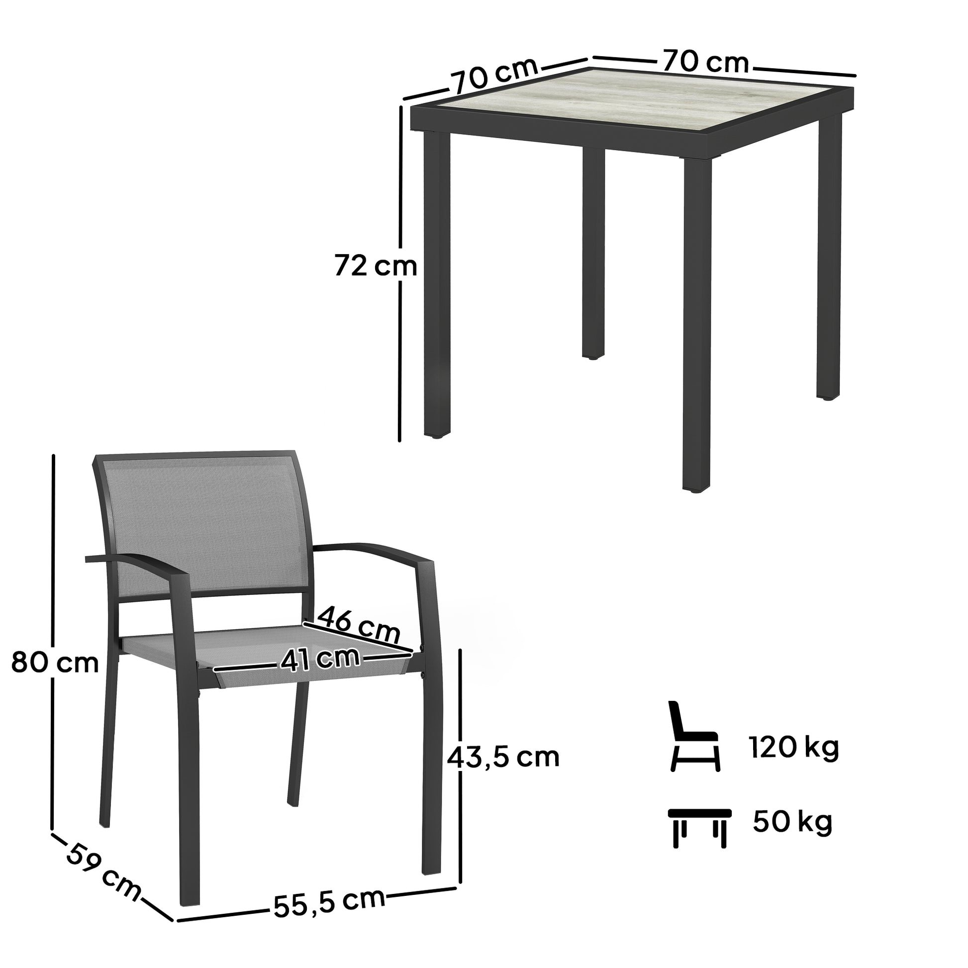 3 Piece Dining Group for 2 Persons Dining Table with 2 Stackable Chairs, Bistro Set Dining Room Set Kitchen Table Set with Steel Frame Balcony Furniture Garden Furniture for Terrace, Balcony Gray
