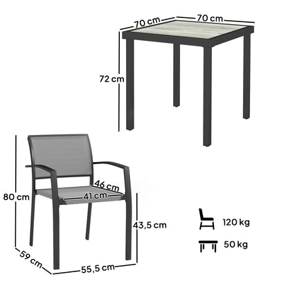 3 Piece Dining Group for 2 Persons Dining Table with 2 Stackable Chairs, Bistro Set Dining Room Set Kitchen Table Set with Steel Frame Balcony Furniture Garden Furniture for Terrace, Balcony Gray