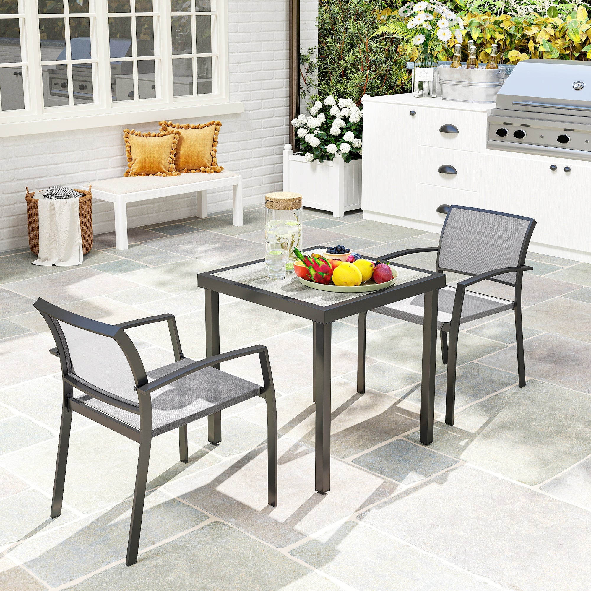 3 Piece Dining Group for 2 Persons Dining Table with 2 Stackable Chairs, Bistro Set Dining Room Set Kitchen Table Set with Steel Frame Balcony Furniture Garden Furniture for Terrace, Balcony Gray