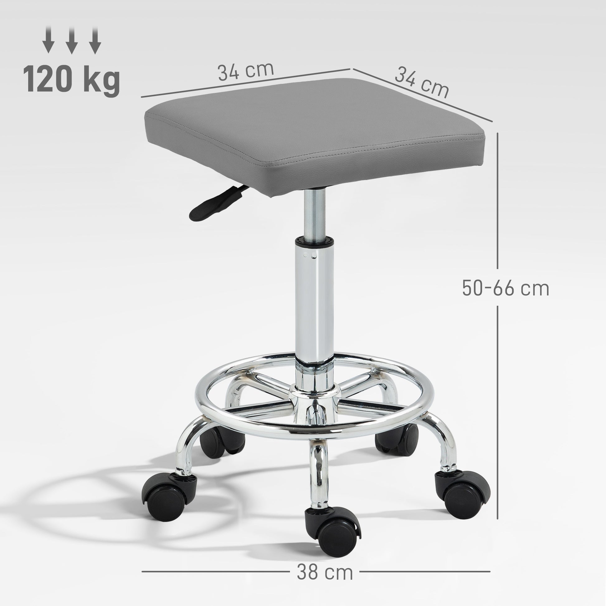 Swivel Stool with Wheels Adjustable Height 50-66 cm Padded Faux Leather Seat Footrest for Living Rooms and Workshops Grey