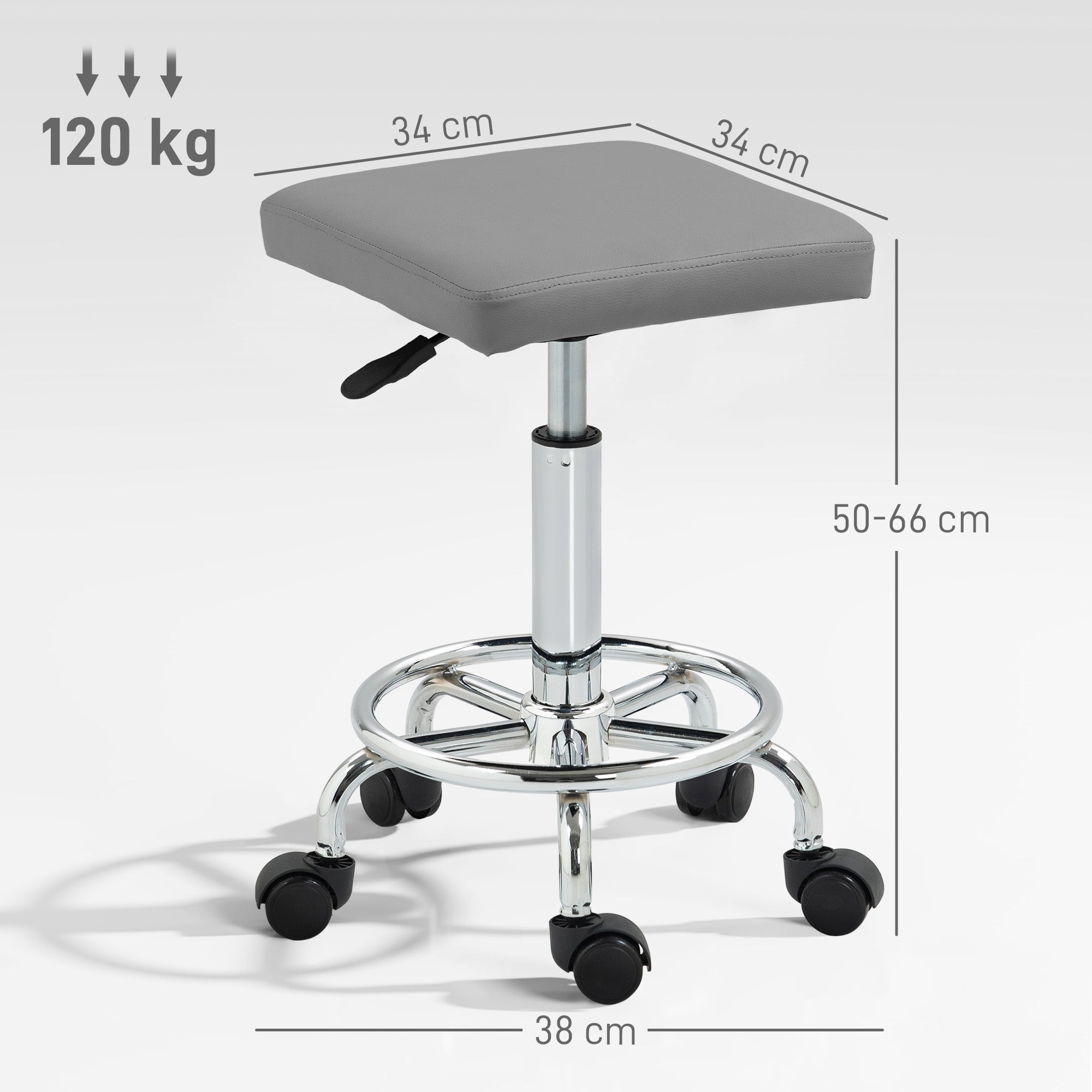 Swivel Stool with Wheels Adjustable Height 50-66 cm Padded Faux Leather Seat Footrest for Living Rooms and Workshops Grey