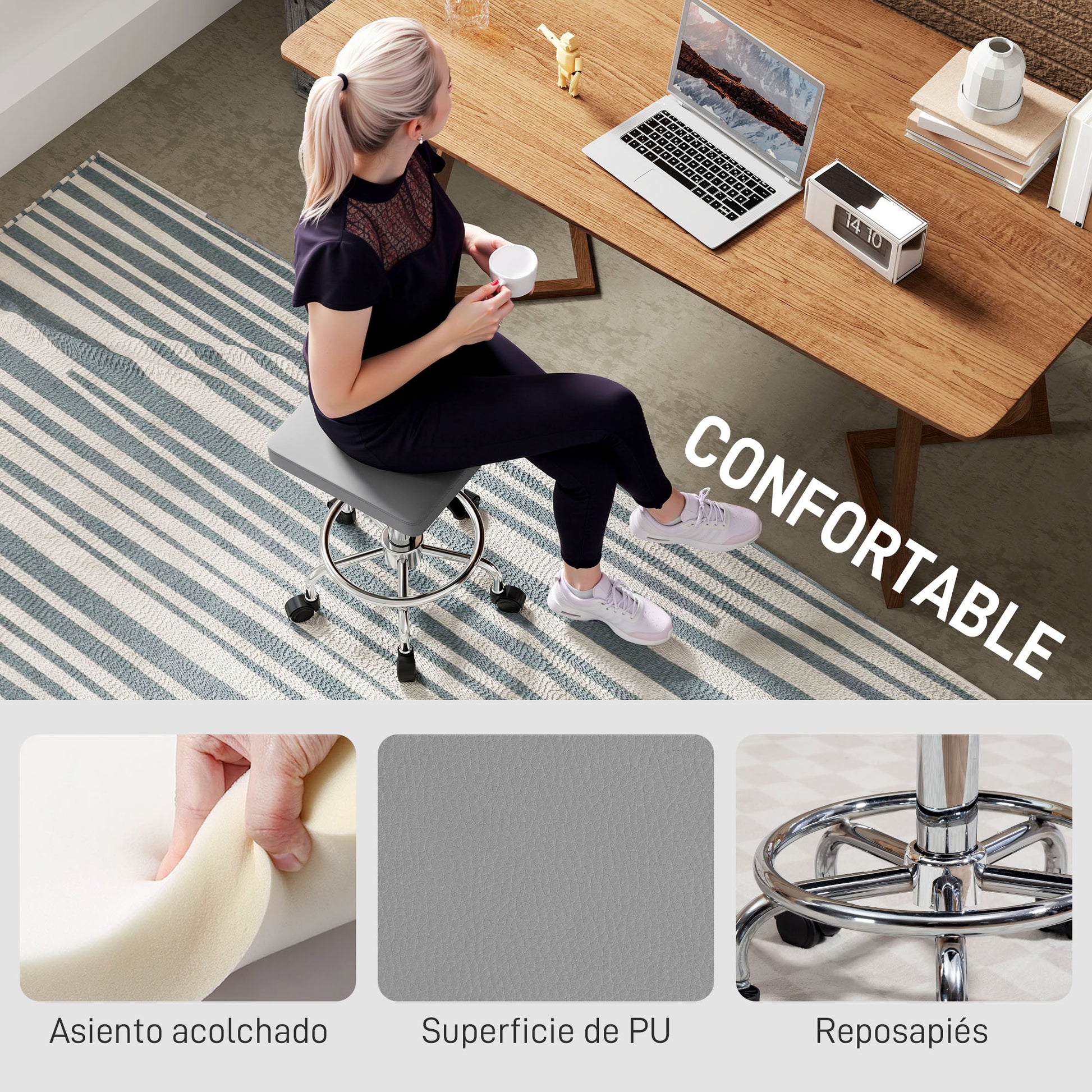 Swivel Stool with Wheels Adjustable Height 50-66 cm Padded Faux Leather Seat Footrest for Living Rooms and Workshops Grey