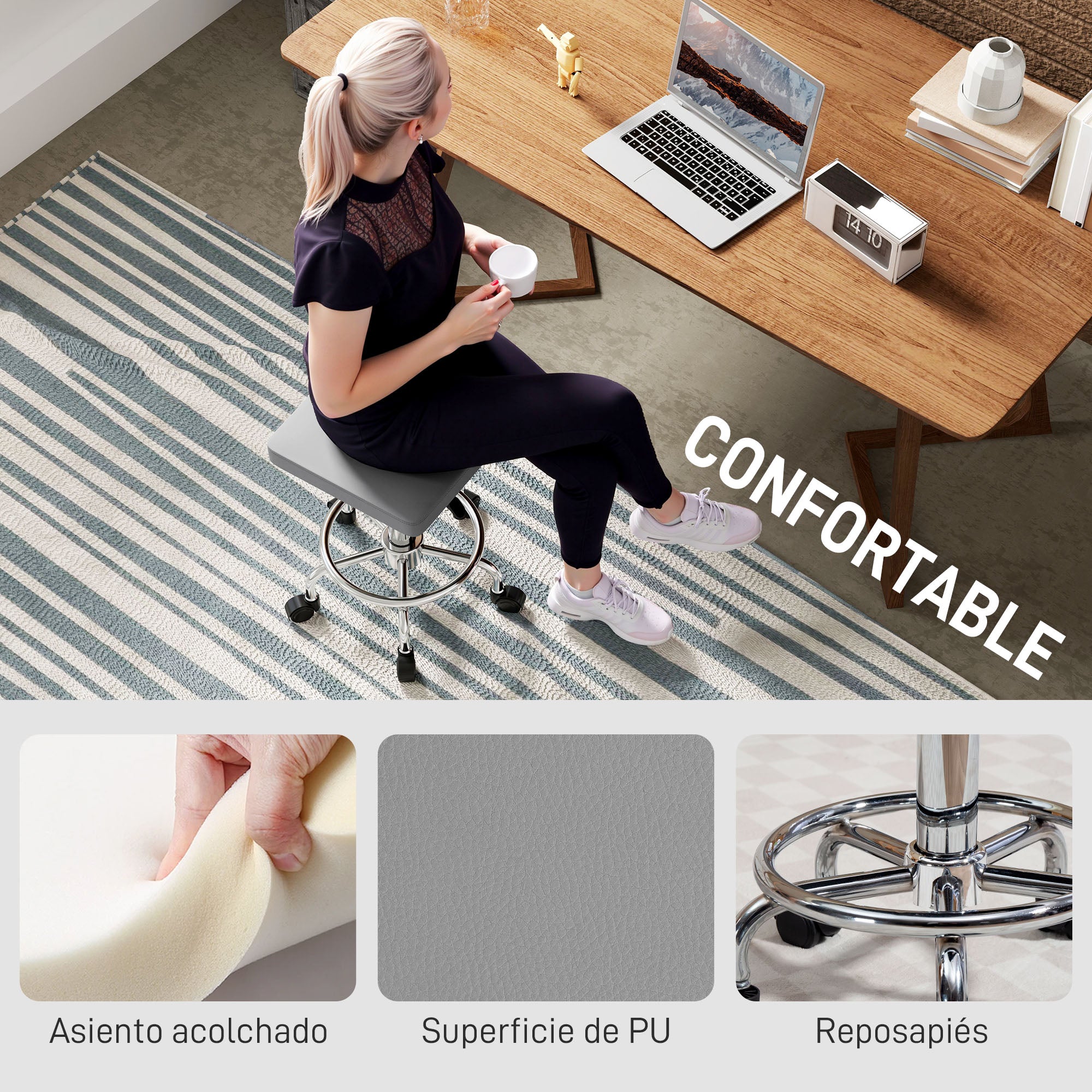 Swivel Stool with Wheels Adjustable Height 50-66 cm Padded Faux Leather Seat Footrest for Living Rooms and Workshops Grey