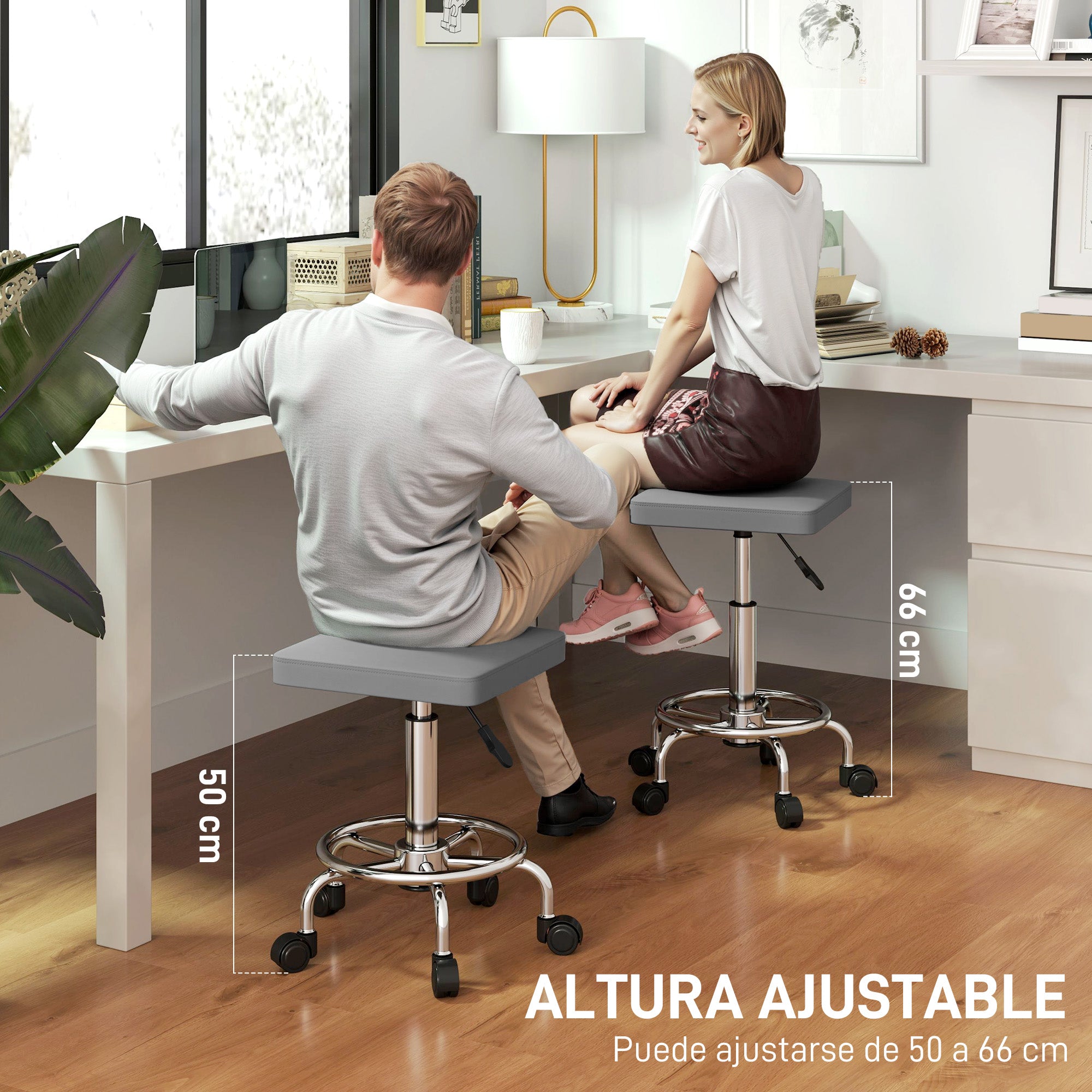 Swivel Stool with Wheels Adjustable Height 50-66 cm Padded Faux Leather Seat Footrest for Living Rooms and Workshops Grey
