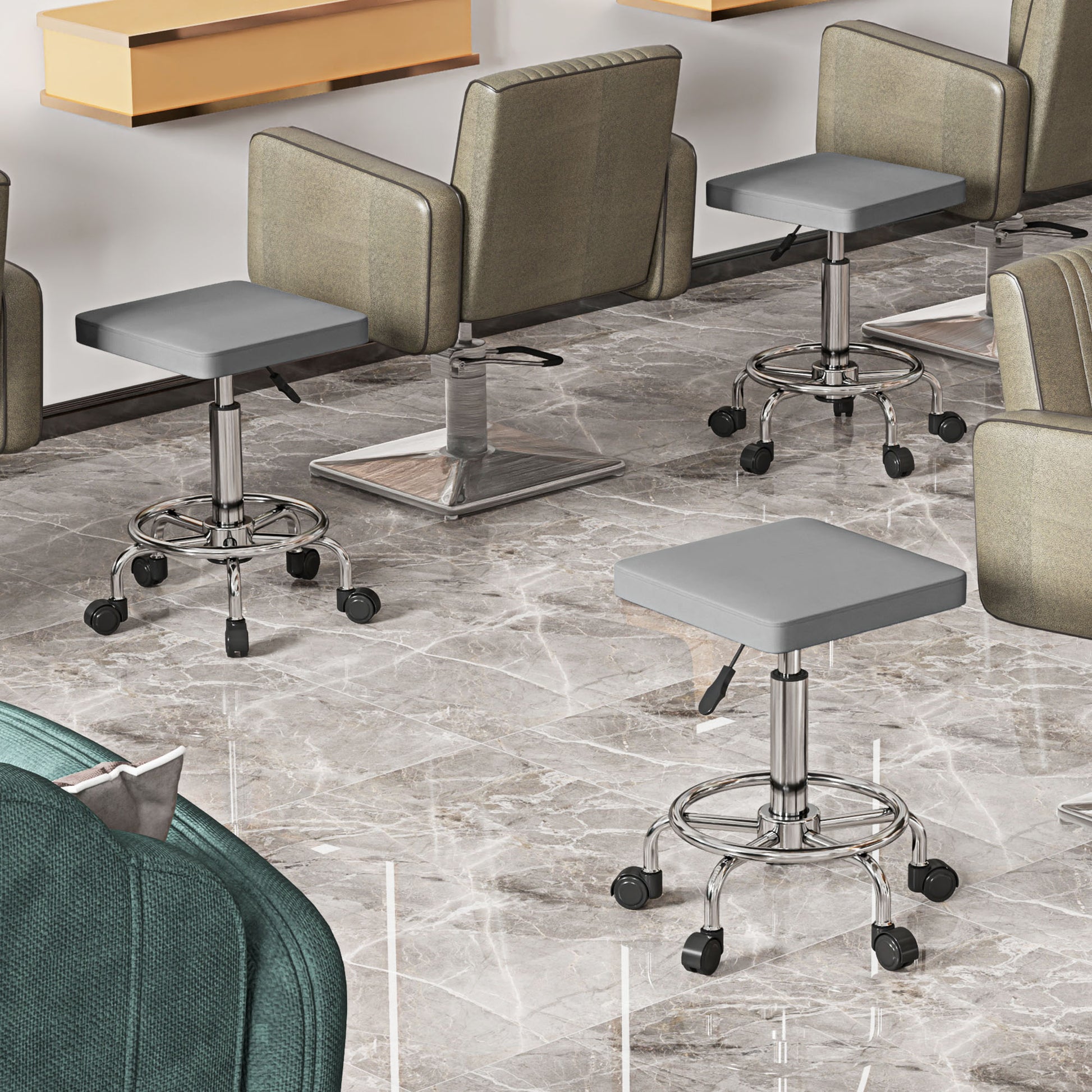 Swivel Stool with Wheels Adjustable Height 50-66 cm Padded Faux Leather Seat Footrest for Living Rooms and Workshops Grey