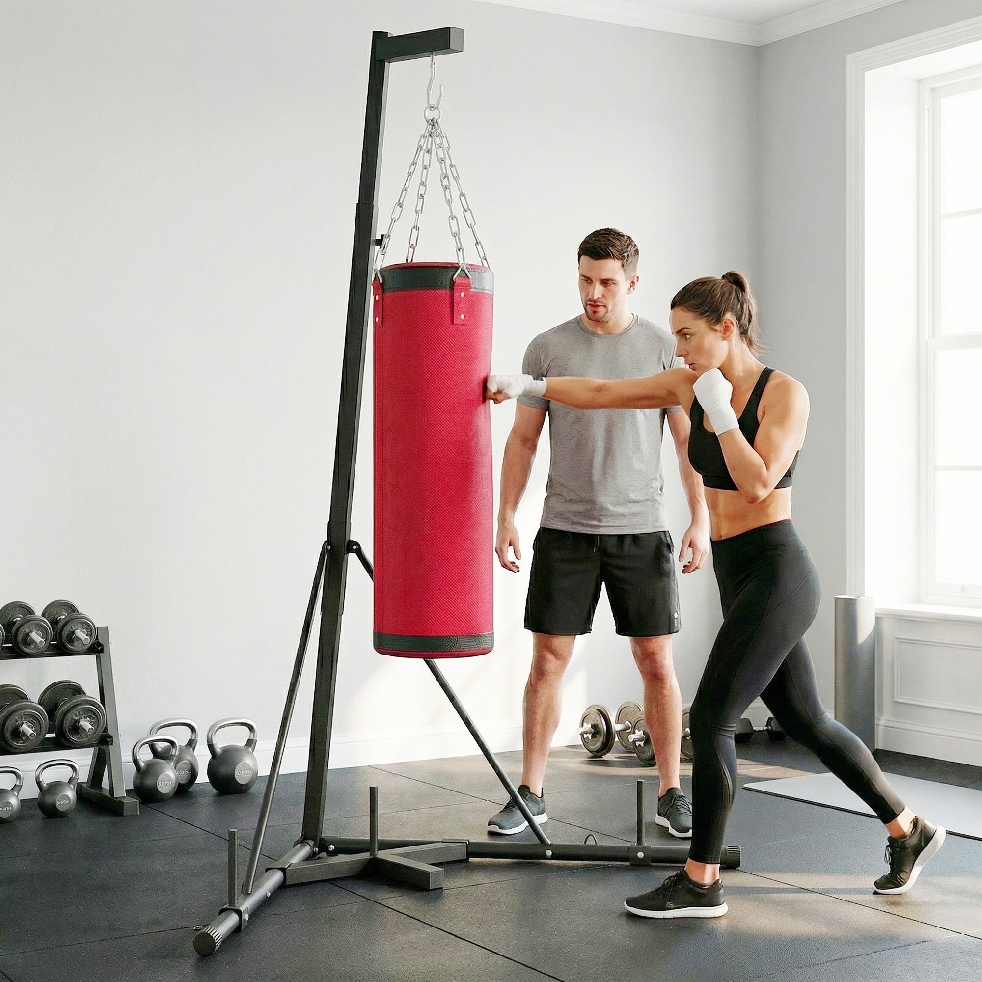 SPORTNOW Boxing Bag with Stand for Adults, Adjustable Height 185–231 cm (73–91 in), Triangular Base, Canvas Punching Bag, 1 in Weight Plate Posts, Home Gym Fitness Training, Red