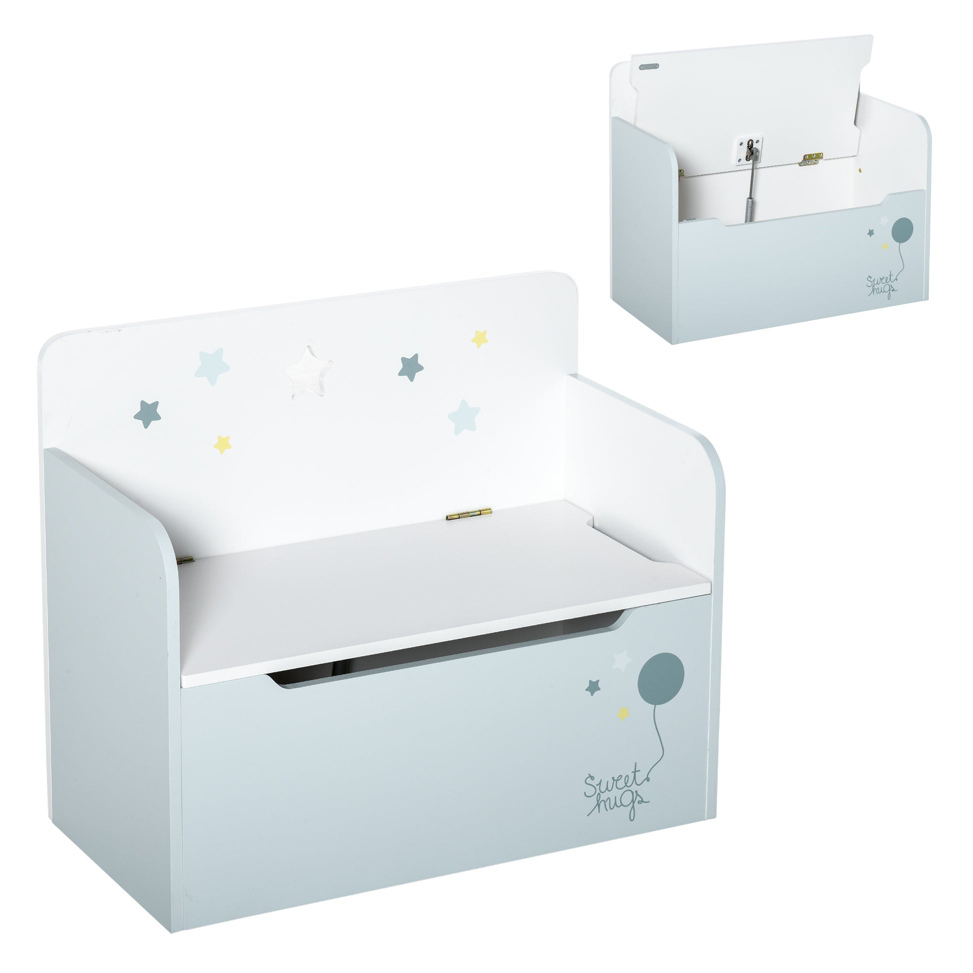 Kids 2-in-1 Wooden Storage Bench with Backrest for Children 3-6 Years Old, 60x30x50 cm, Light Blue