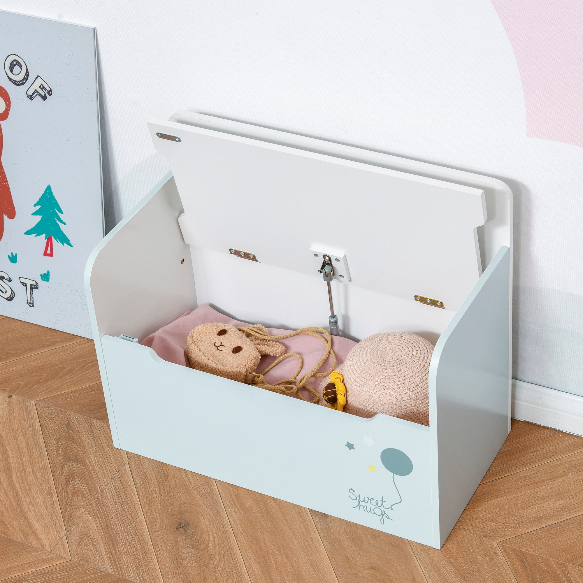 Kids 2-in-1 Wooden Storage Bench with Backrest for Children 3-6 Years Old, 60x30x50 cm, Light Blue