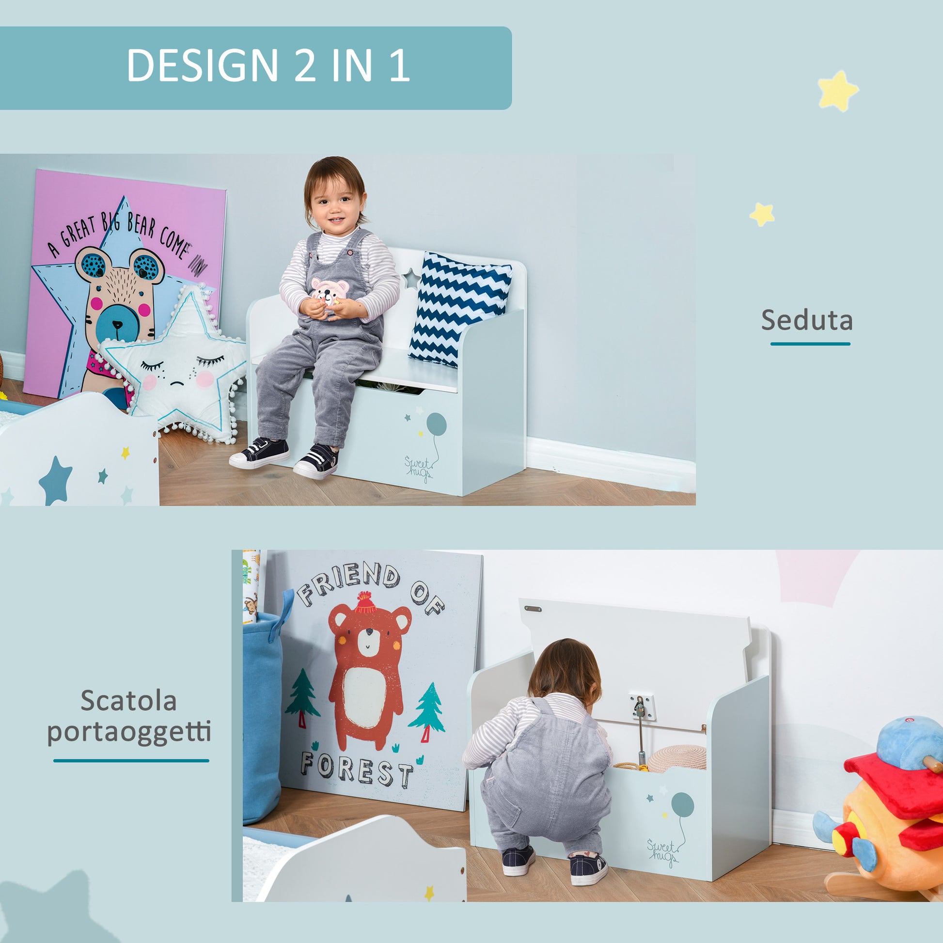 Kids 2-in-1 Wooden Storage Bench with Backrest for Children 3-6 Years Old, 60x30x50 cm, Light Blue