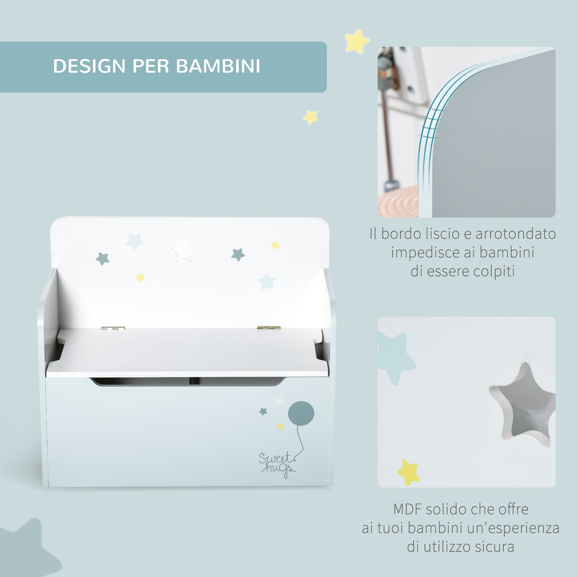 Kids 2-in-1 Wooden Storage Bench with Backrest for Children 3-6 Years Old, 60x30x50 cm, Light Blue
