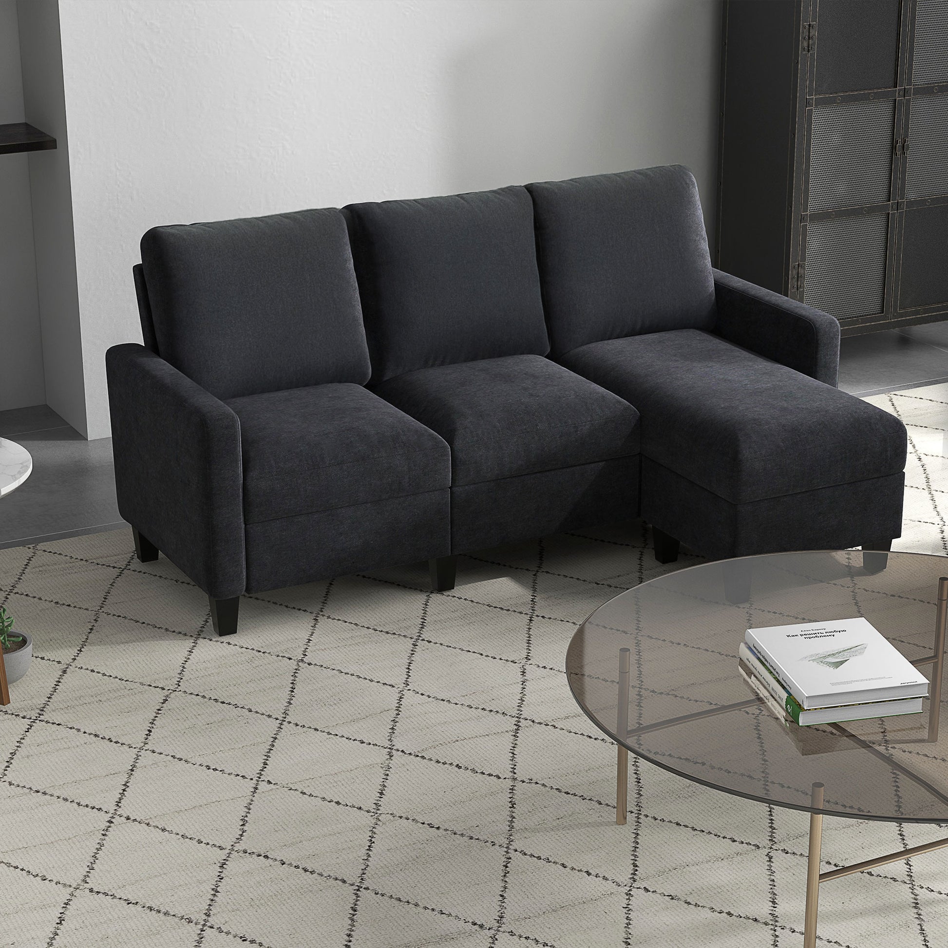 Corner Sofa with Sleeping Function, 3 Seater Sofa and Cushions, L-Shape Couch for Living Room, Bedroom 197 x 139 x 91 cm, Polyester, Dark Gray