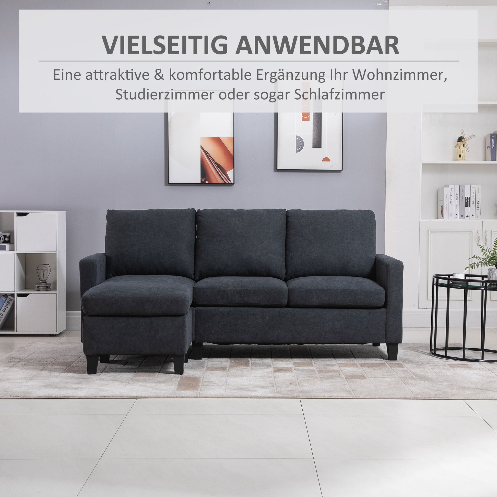 Corner Sofa with Sleeping Function, 3 Seater Sofa and Cushions, L-Shape Couch for Living Room, Bedroom 197 x 139 x 91 cm, Polyester, Dark Gray