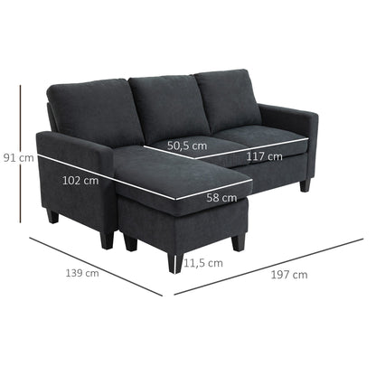 Corner Sofa with Sleeping Function, 3 Seater Sofa and Cushions, L-Shape Couch for Living Room, Bedroom 197 x 139 x 91 cm, Polyester, Dark Gray