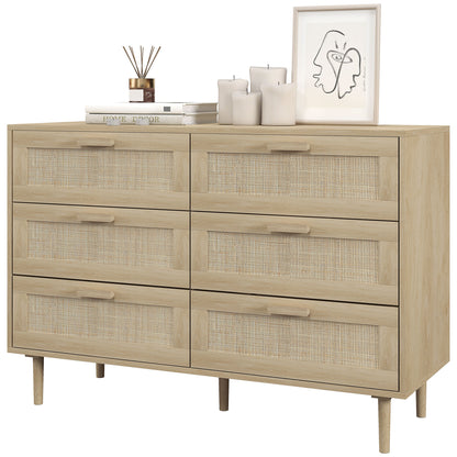 6-Drawer Chest Storage Unit with Wicker Weave Dimensions 110L x 40W x 75H cm Light Wood Look