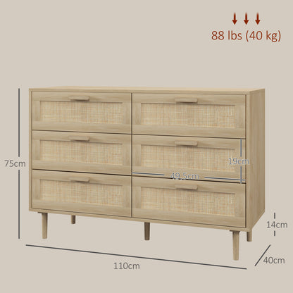 6-Drawer Chest Storage Unit with Wicker Weave Dimensions 110L x 40W x 75H cm Light Wood Look