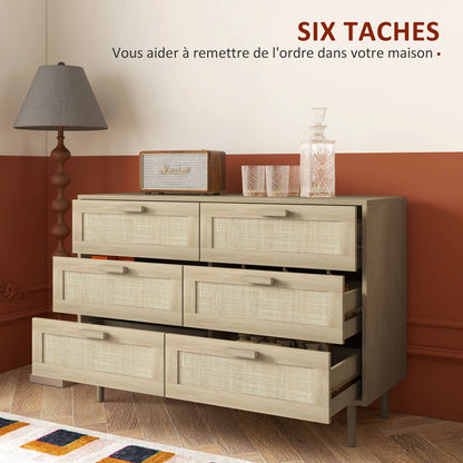 6-Drawer Chest Storage Unit with Wicker Weave Dimensions 110L x 40W x 75H cm Light Wood Look