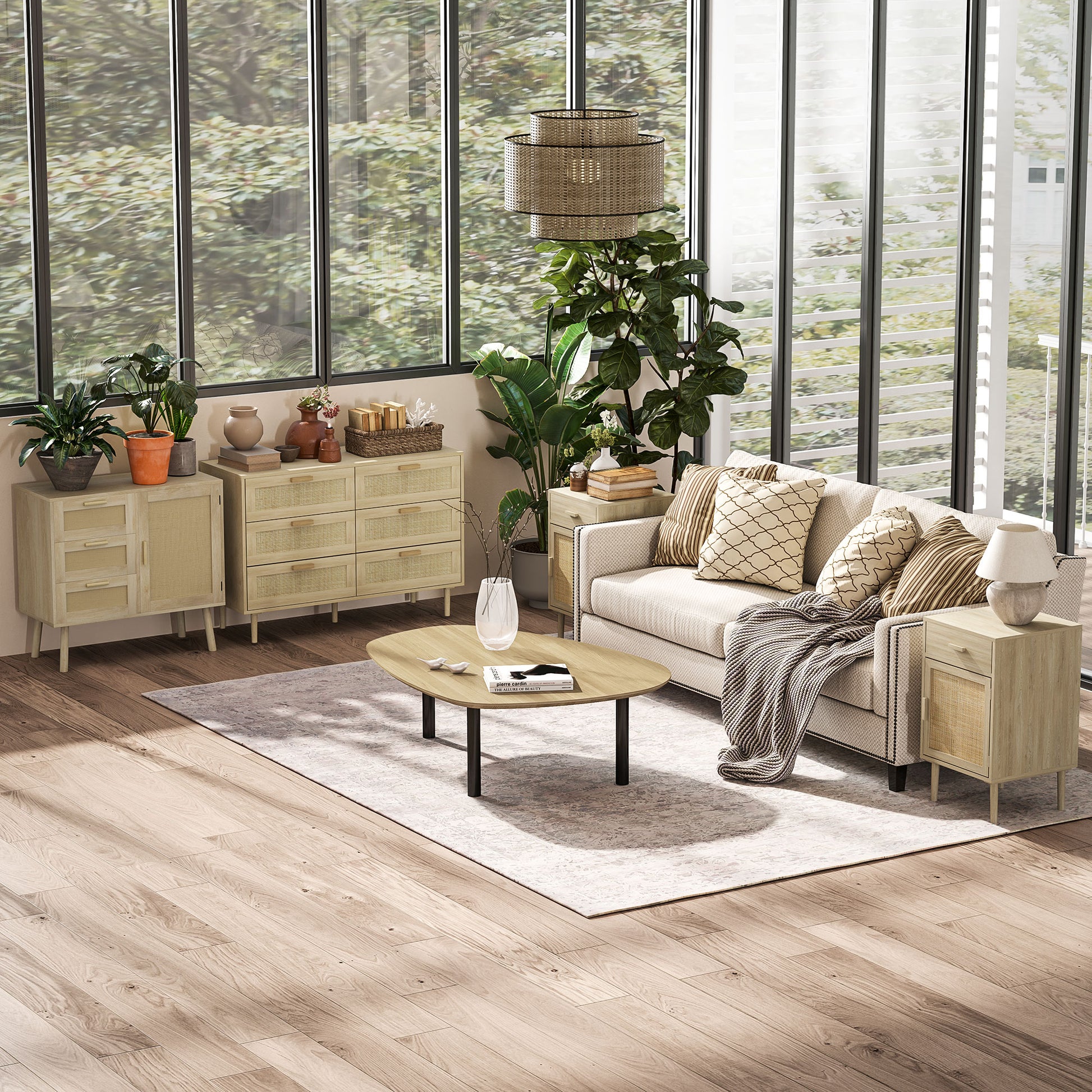 6-Drawer Chest Storage Unit with Wicker Weave Dimensions 110L x 40W x 75H cm Light Wood Look