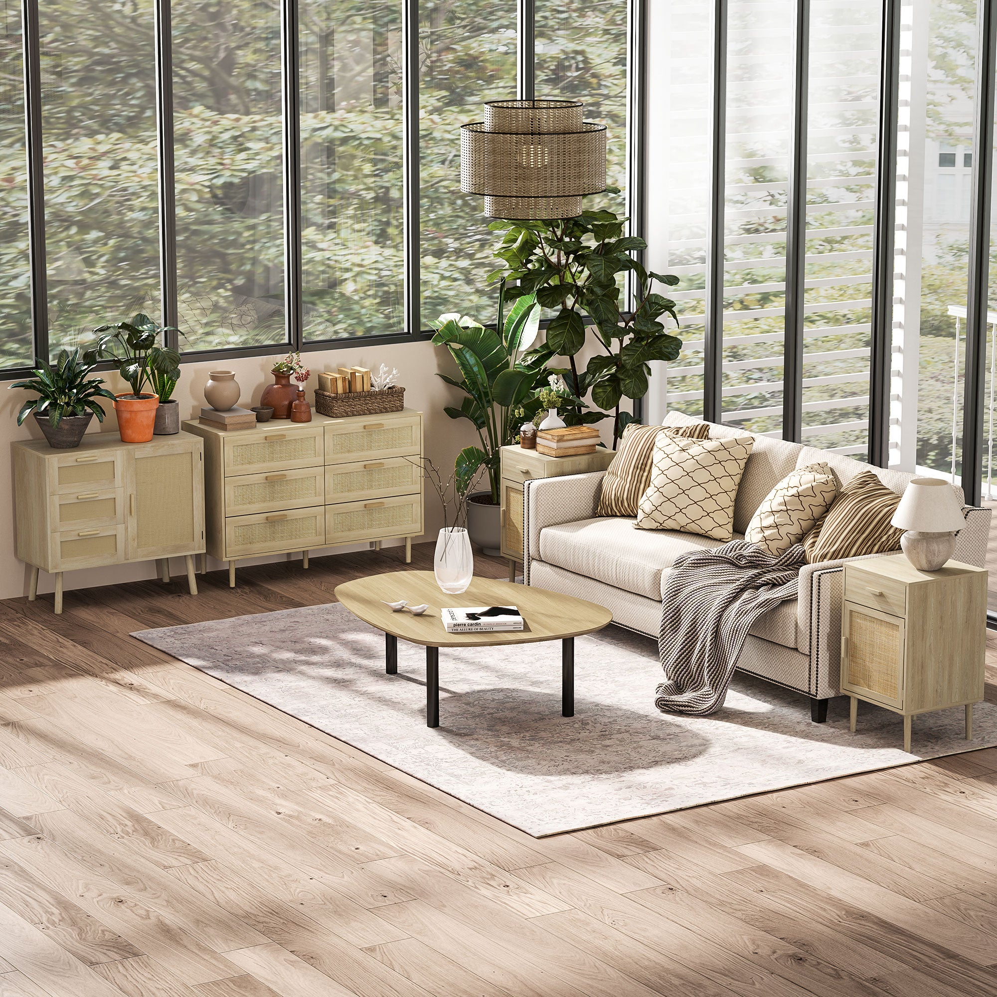 6-Drawer Chest Storage Unit with Wicker Weave Dimensions 110L x 40W x 75H cm Light Wood Look