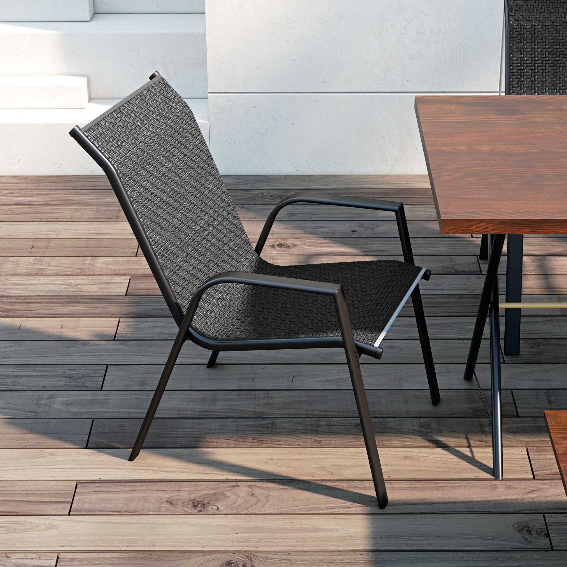 Set of 4 Stackable Garden Chairs, Outdoor Armchairs with Armrests and Gray Rattan Effect Wicker Coating