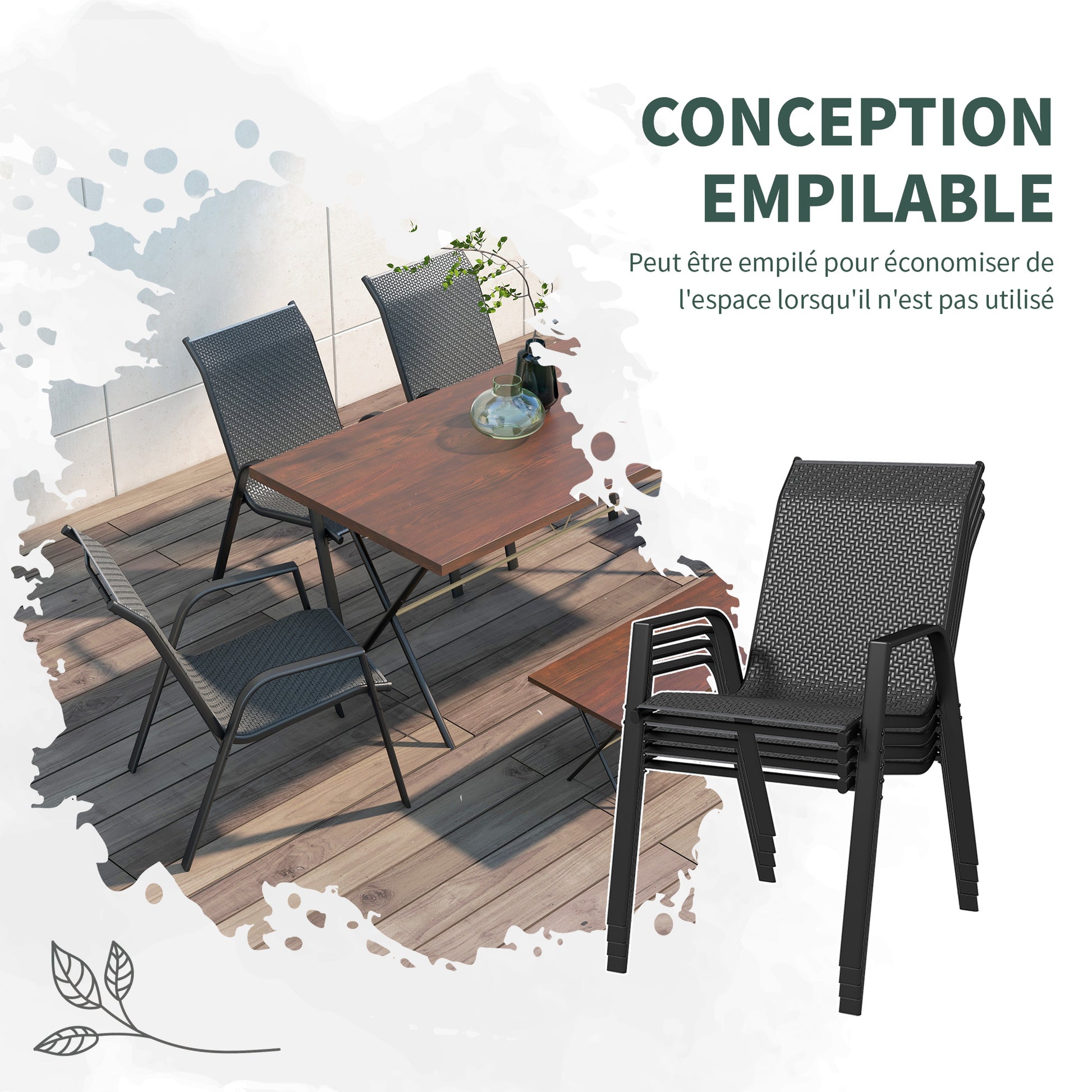 Set of 4 Stackable Garden Chairs, Outdoor Armchairs with Armrests and Gray Rattan Effect Wicker Coating
