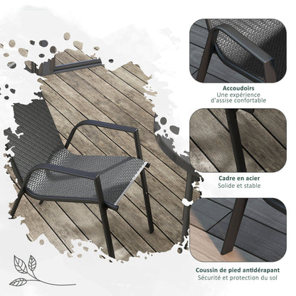 Set of 4 Stackable Garden Chairs, Outdoor Armchairs with Armrests and Gray Rattan Effect Wicker Coating