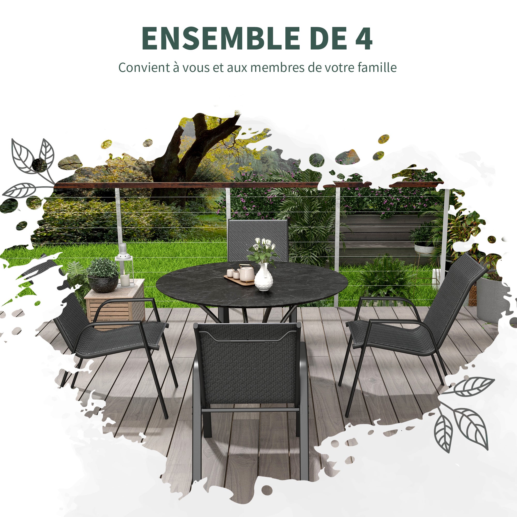 Set of 4 Stackable Garden Chairs, Outdoor Armchairs with Armrests and Gray Rattan Effect Wicker Coating