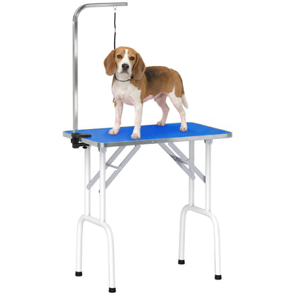Folding Dog Grooming Table, Non-Slip Top, Adjustable Stainless Steel Arm, for Small & Medium Dogs, 32 x 19 x 31.5 in, Blue