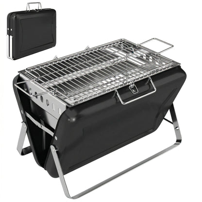 Stainless Steel Charcoal BBQ Smoker with Cooking Grate — Portable Carry Handle, Folding Legs, Charcoal Stand Grill for Barbecue, Camping, Patio & Garden, 15.7 x 11.0 x 10.0 in, Black